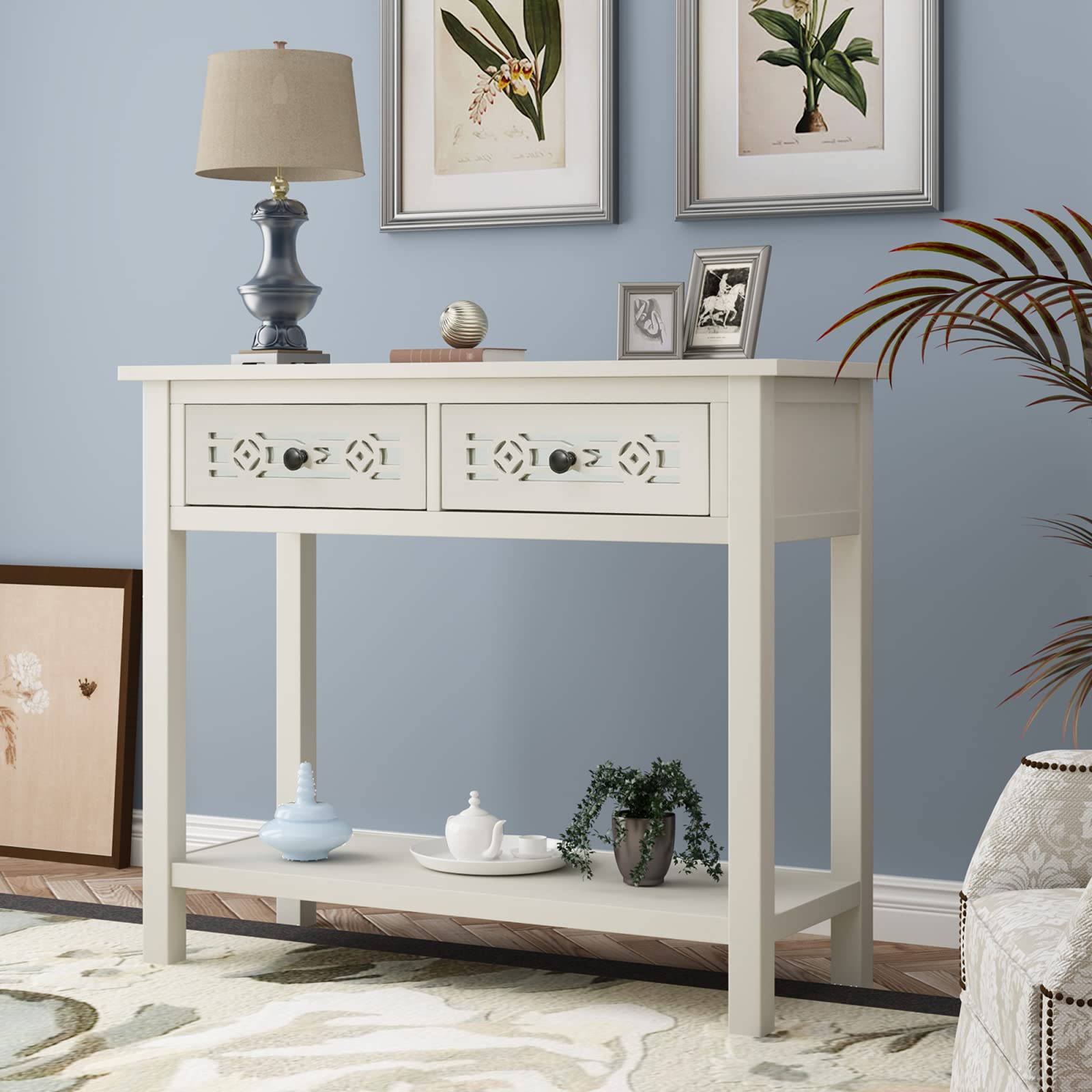Lazyspace Classic Console Table with Hollow-Out Design - 2 Drawers & Open Shelf for Extra Storage - Ivory White Entryway Sofa Table for Living Room, Hallway, or Bedroom