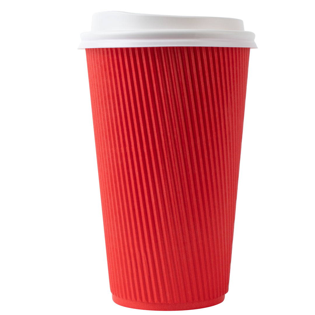 16 oz Red Ripple Wall Paper Coffee Cups with White Lids - 200 Count Bulk Pack (3.5