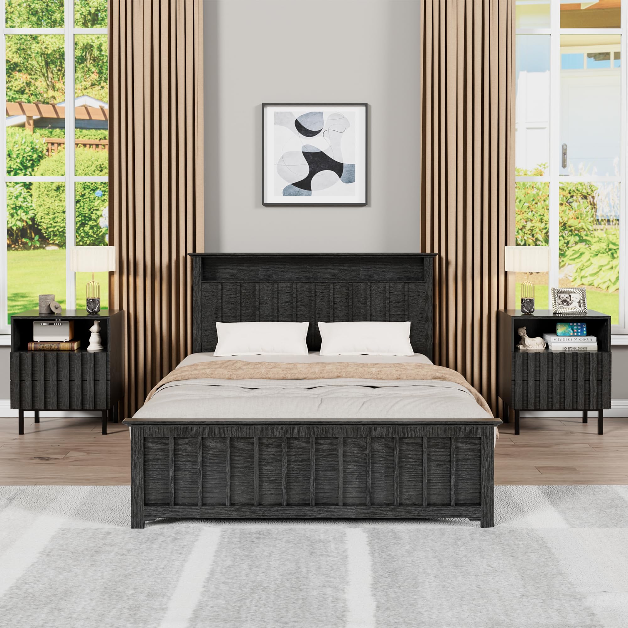 Black 9-Drawer Dresser and Nightstand Set - Modern Fluted Bedroom Chest of Drawers with Matching Nightstands (3-Piece) | Perfect for Master Bedroom, Guest Room & Apartment Furniture