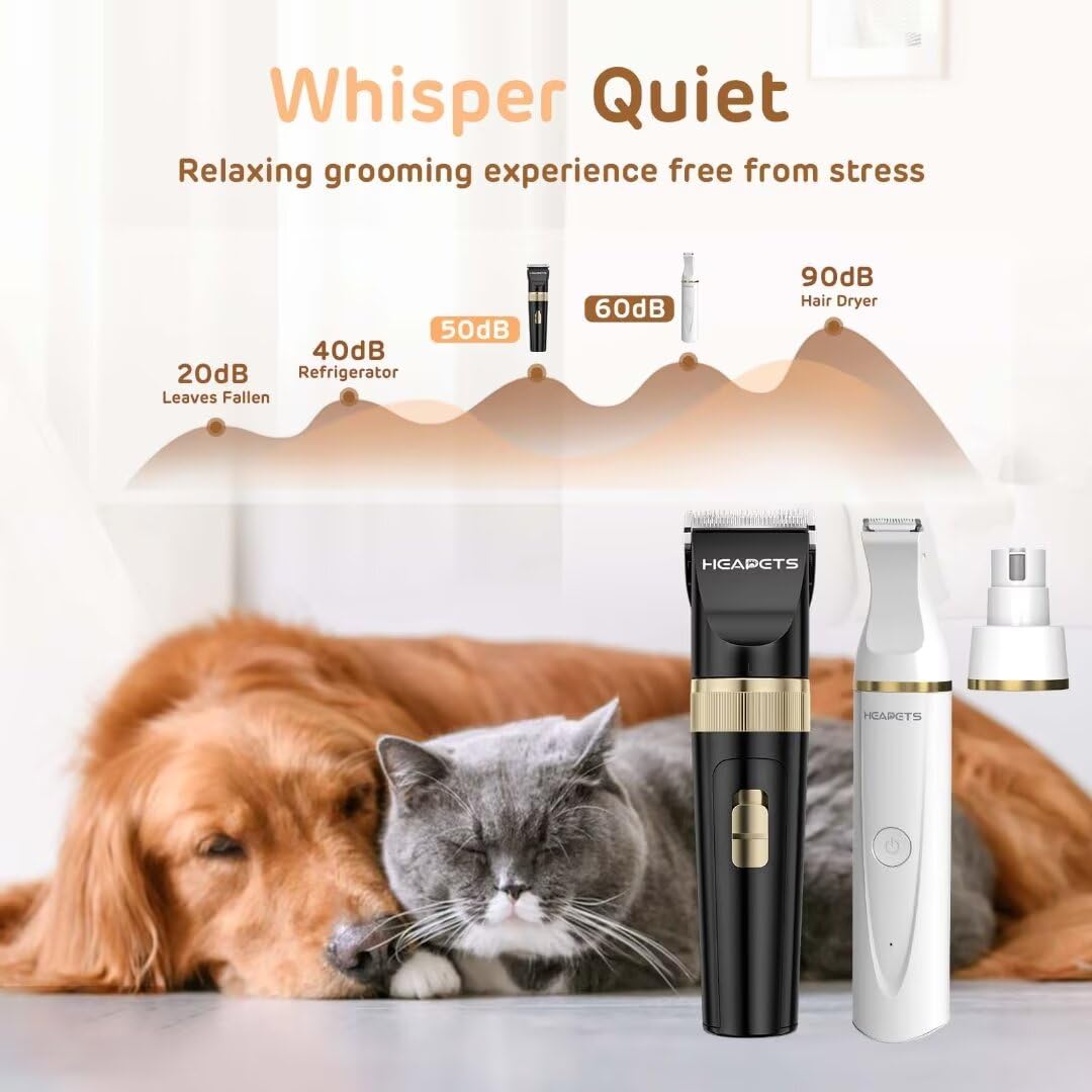 Professional Dog Grooming Kit - Low Noise Rechargeable Cordless Hair Clippers & Nail Grinder for Dogs & Cats | Perfect for Home Pet Grooming, Trimming & Paw Care (Black/White)