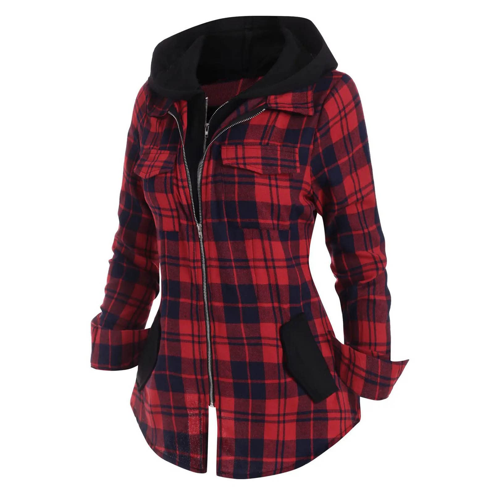 Women's Casual Long Sleeve Plaid Pocket Hooded Zipper Sweater Shirt - Christmas Jumper Santa Xmas Sweatshirt for Ladies (UK Size) - Perfect for Holiday Parties, Winter Outfits and Casual Wear