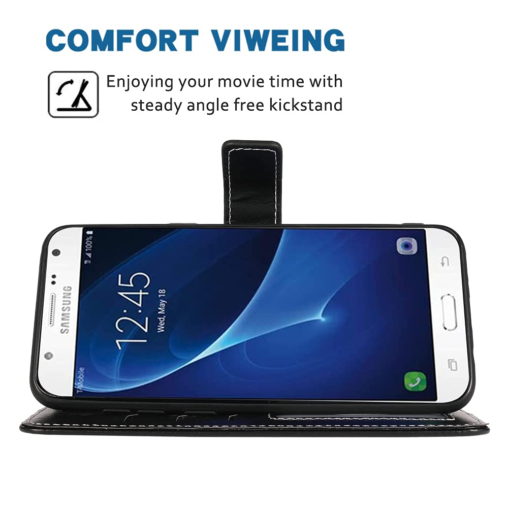 Samsung Galaxy J7 2015 Wallet Case - Leather Flip Cover with Wrist Strap & Card Holder - Compatible with SM-J700/J700F/J700H (Black) | Perfect for Everyday Use, Travel, and Hands-Free Convenience