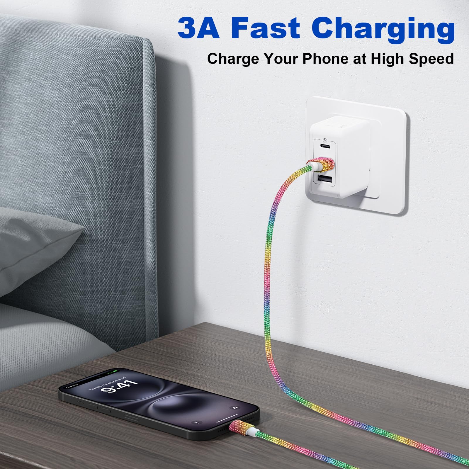 VOFUOE 60W Fast Charging USB to USB C Cable, Bling Sparkling Diamond USB C Charger Cord 4FT - Compatible with iPhone 16/16 Pro/16 Pro Max, Galaxy S24 Ultra, iPad 10th Gen - Rainbow Design for Women | Perfect for Travel, Office & Home Charging