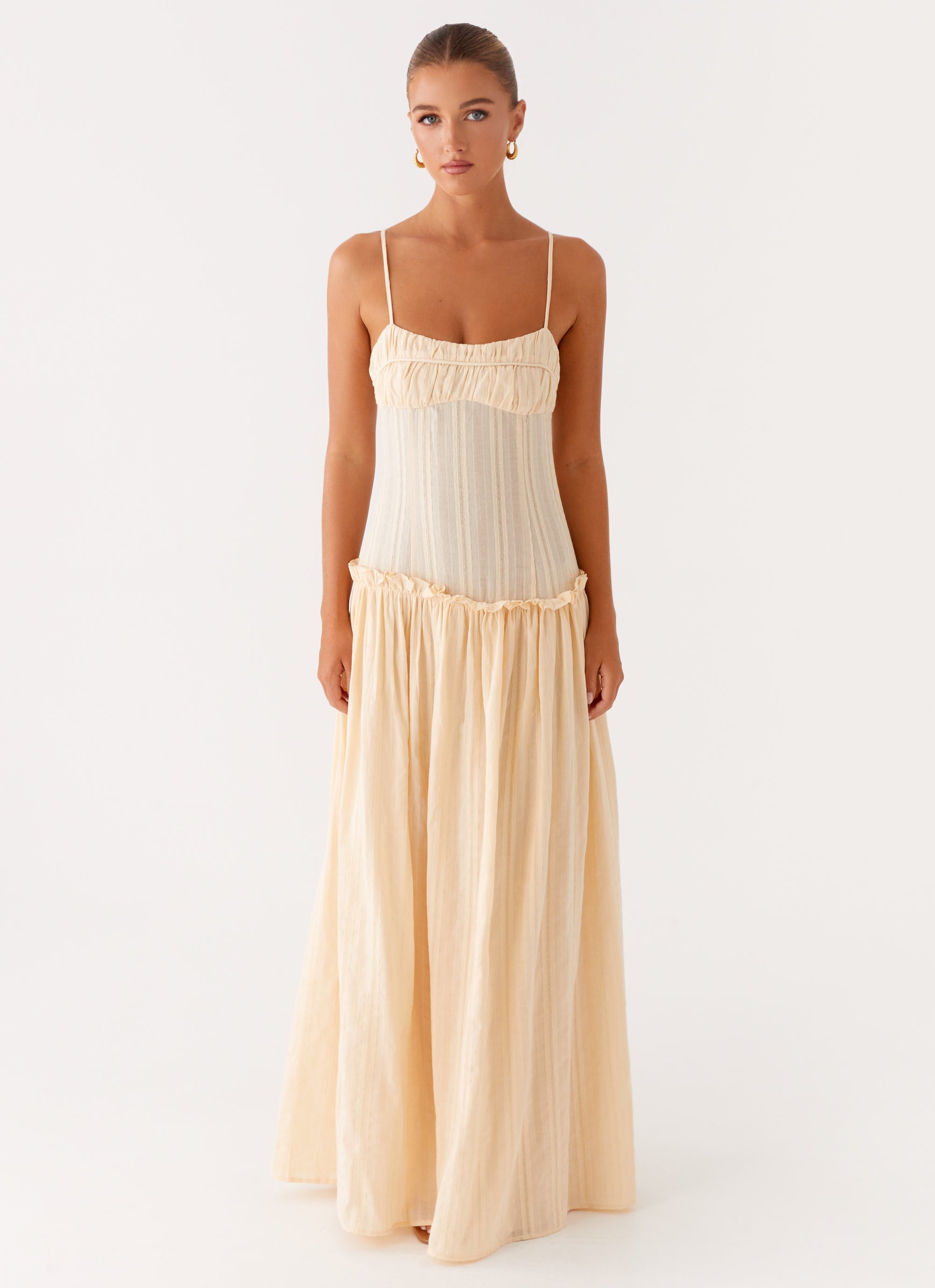 Jacinda Drop Waist Maxi Dress - Elegant Cream Flowy Long Dress for Women | Perfect for Weddings, Beach Vacations & Summer Parties
