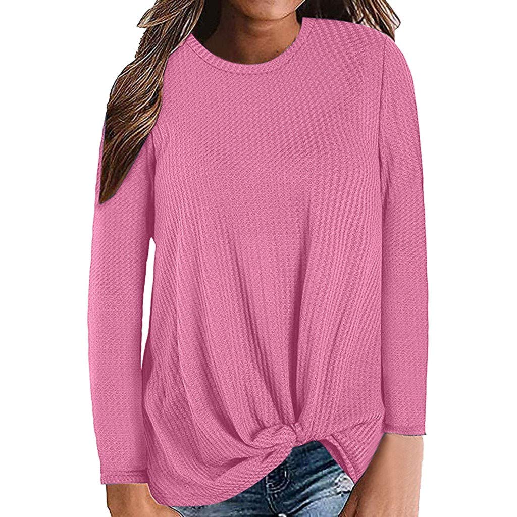 Oversized Women's Casual Long Sleeve Blouse - Round Neck Waffle Knit Twist Knot Shirt Cute Tops for Everyday Wear, Work & Date Night