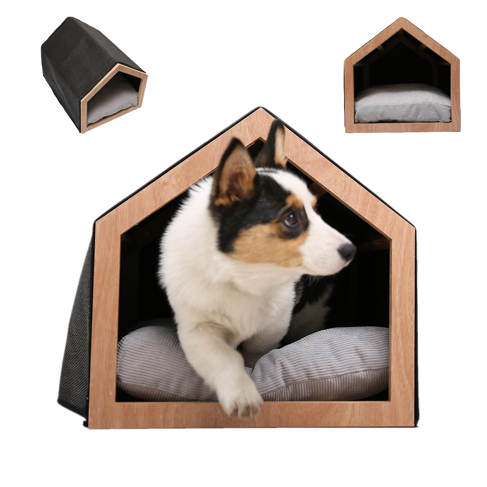 PPGE Wooden Indoor Dog House - Cozy Puppy Cave Bed for Small Dogs & Cats, Pet Hideout with Corduroy Bed - Perfect for Living Room, Bedroom & Pet Lounging