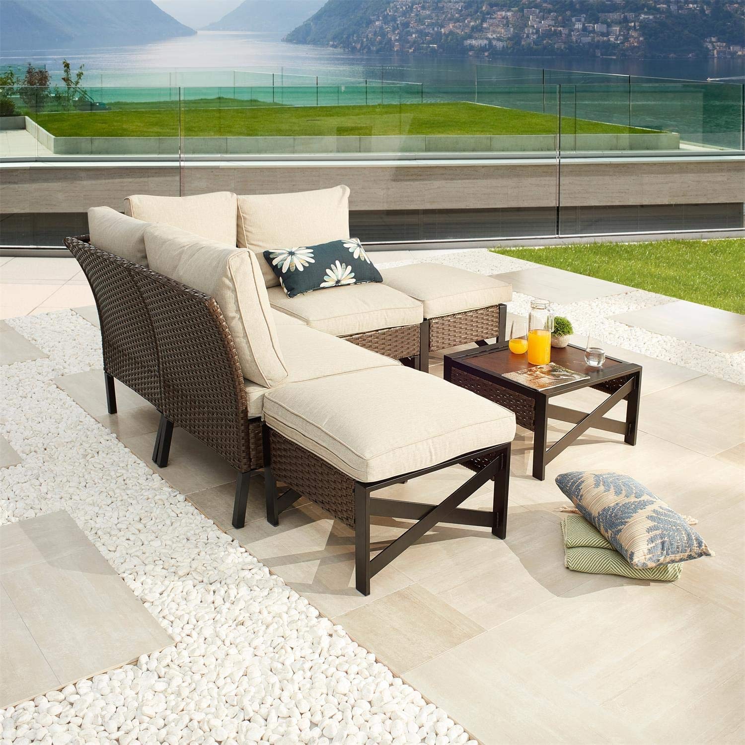 **Outdoor Wicker Sectional Sofa Set with Ottoman & Coffee Table - 3-Piece Rattan Patio Furniture for Poolside, Garden, Deck, Balcony, or Beach (Brown) - Perfect for Relaxing, Entertaining, and Lounging**