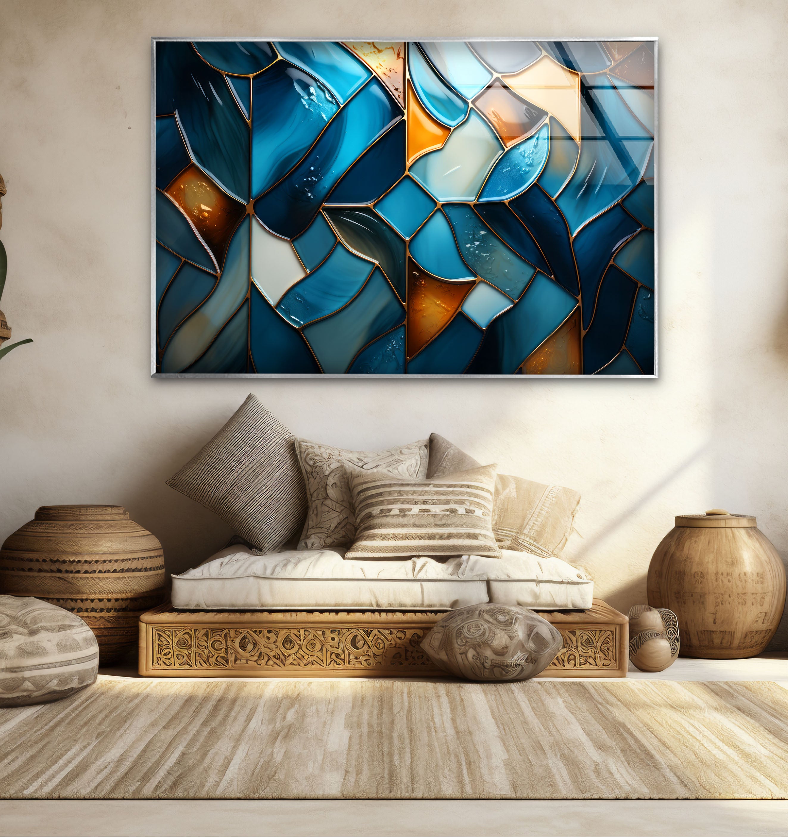 Blue Stained Glass Wall Art - Abstract Mosaic Glass Print Decor for Living Room, Bedroom & Office | Handmade Modern Home Decor
