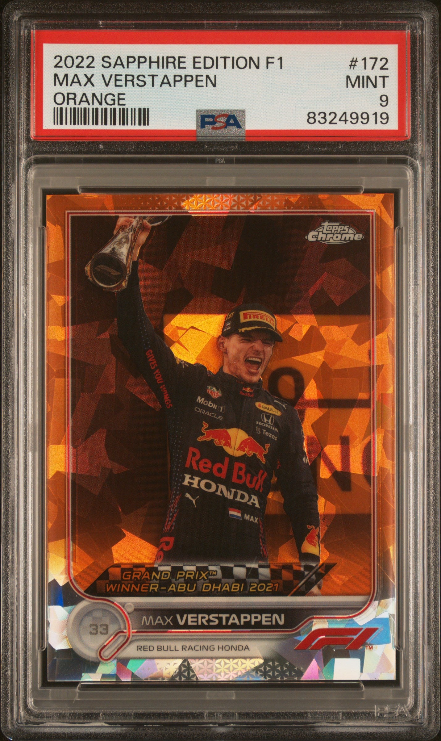 PSA 9 Graded 2022 Topps Chrome F1 Max Verstappen #172 Orange Sapphire 13/25 - Rare Racing Collectible for Fans & Card Investors