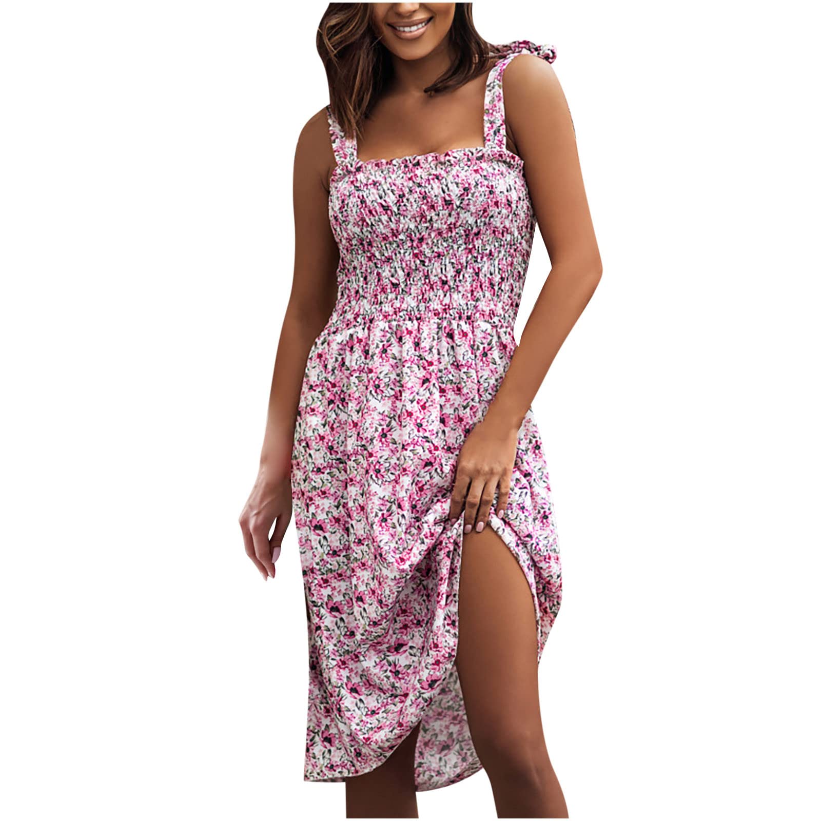 Women's Floral Boho Spaghetti Strap Tube Dress - Summer Sleeveless Tie Shoulder Cami Mini Dress with Shirred A-Line Skater Silhouette | Perfect for Beach Vacations, Music Festivals & Date Nights