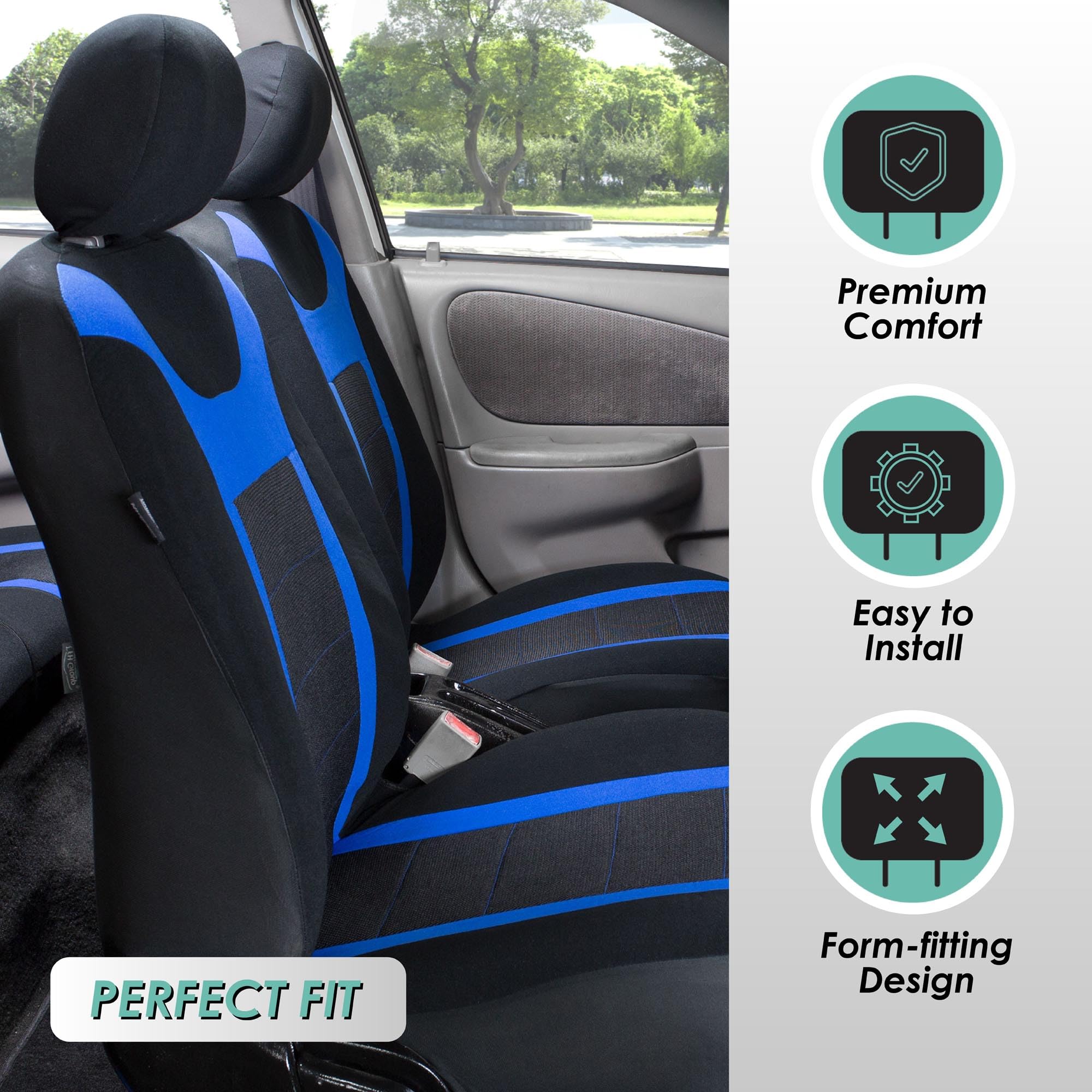 FH Group Universal Full Set Car Seat Covers - Low Back Front & Split Bench Rear Seats | Airbag Compatible, Washable Fabric | Perfect for SUV, Sedan, Van (Blue) | Great for Daily Commute, Road Trips & Family Travel