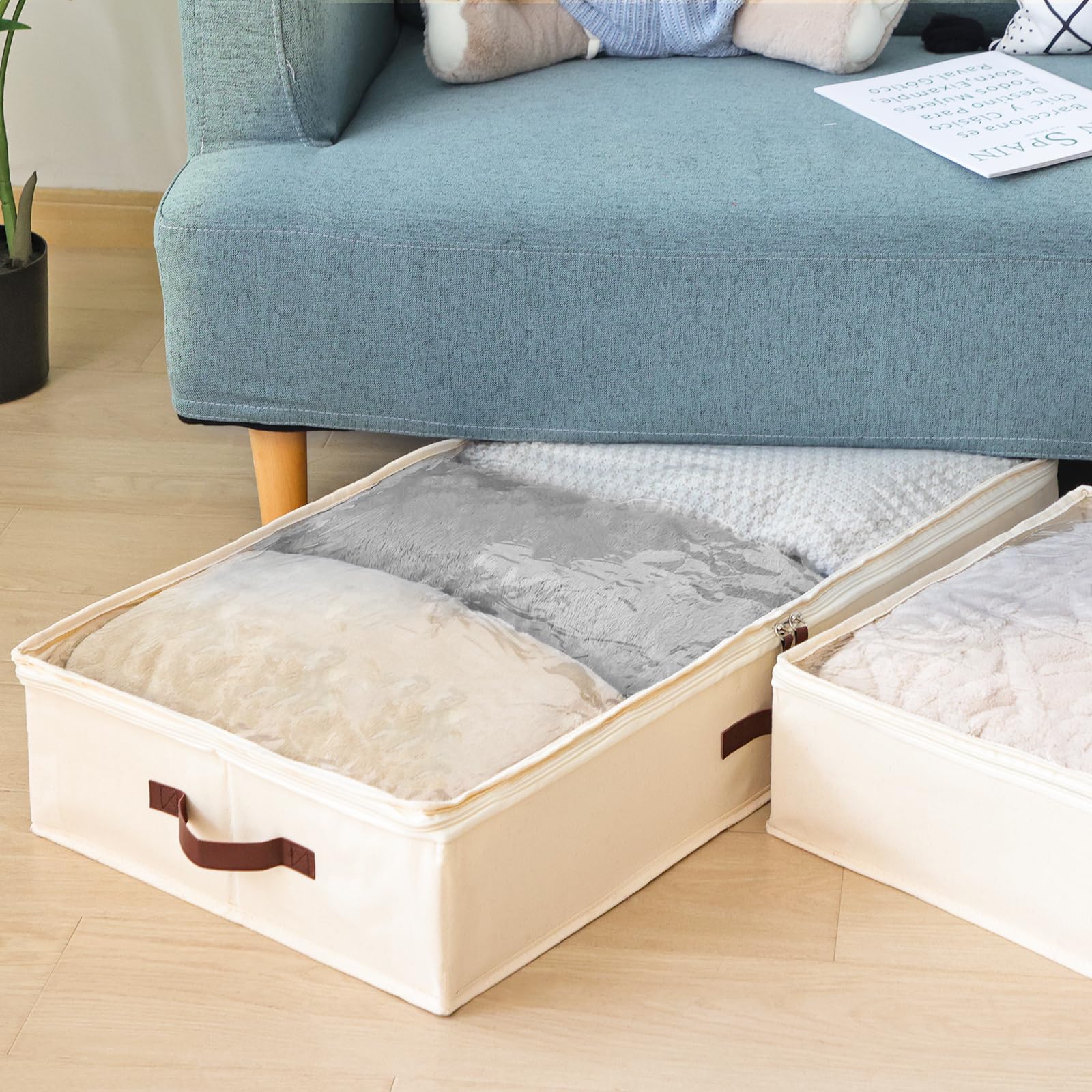 Fixwal Under-Bed Storage Box 3 Pack - 52L Blanket & Clothes Organizer with Sturdy Structure & Ultra Thick Fabric - Space Saving Bedroom Storage Solution (Ivory White) - Perfect for Seasonal Clothing, Bedding, and Home Organization