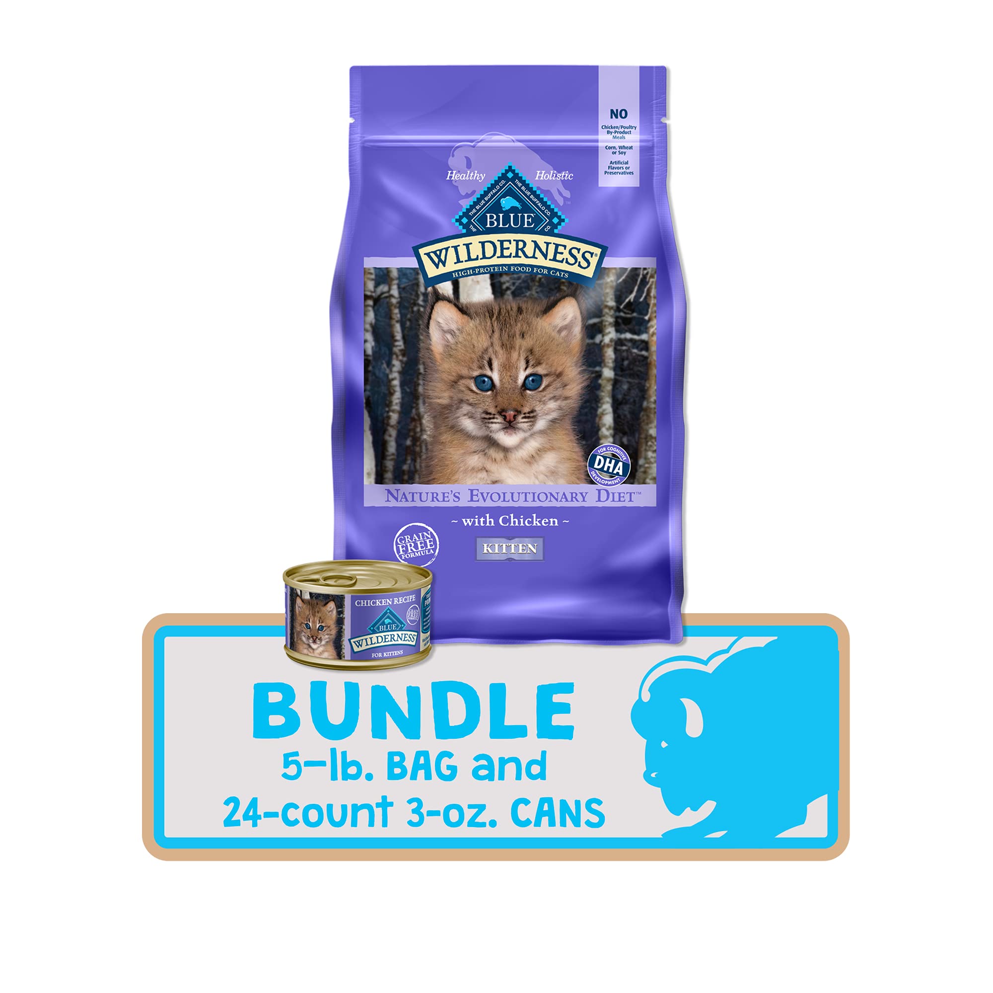Blue Buffalo Wilderness High Protein Grain Free Kitten Food Bundle - Dry & Wet Cat Food with Real Chicken (5lb Dry + 24 Pack 3oz Cans) for Indoor & Outdoor Kittens