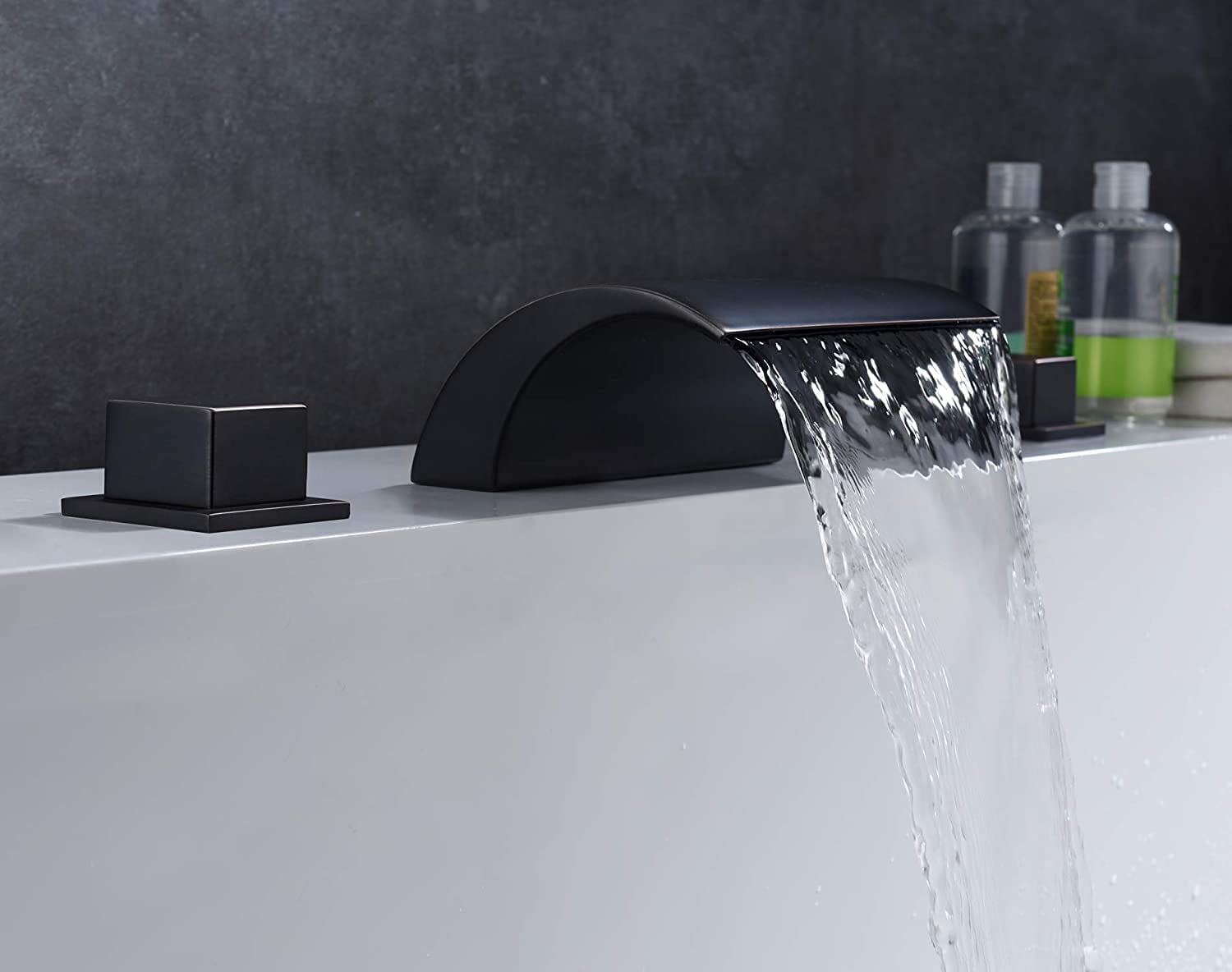 Black Waterfall Roman Tub Faucet S2091DW with Flexible Hose Connector S7930SS-120 (48 Inch) - Luxury Bathroom Fixture for Spa, Master Bath & Modern Home Decor