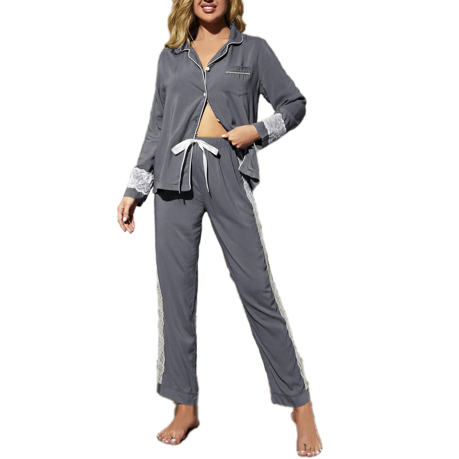 Suelinvy Women's 2-Piece Pajama Set - Long Sleeve Button Down Top & Lounge Pants - Soft Sleepwear & Loungewear for Women S-XL - Perfect for Relaxing at Home, Sleepovers & Cozy Nights
