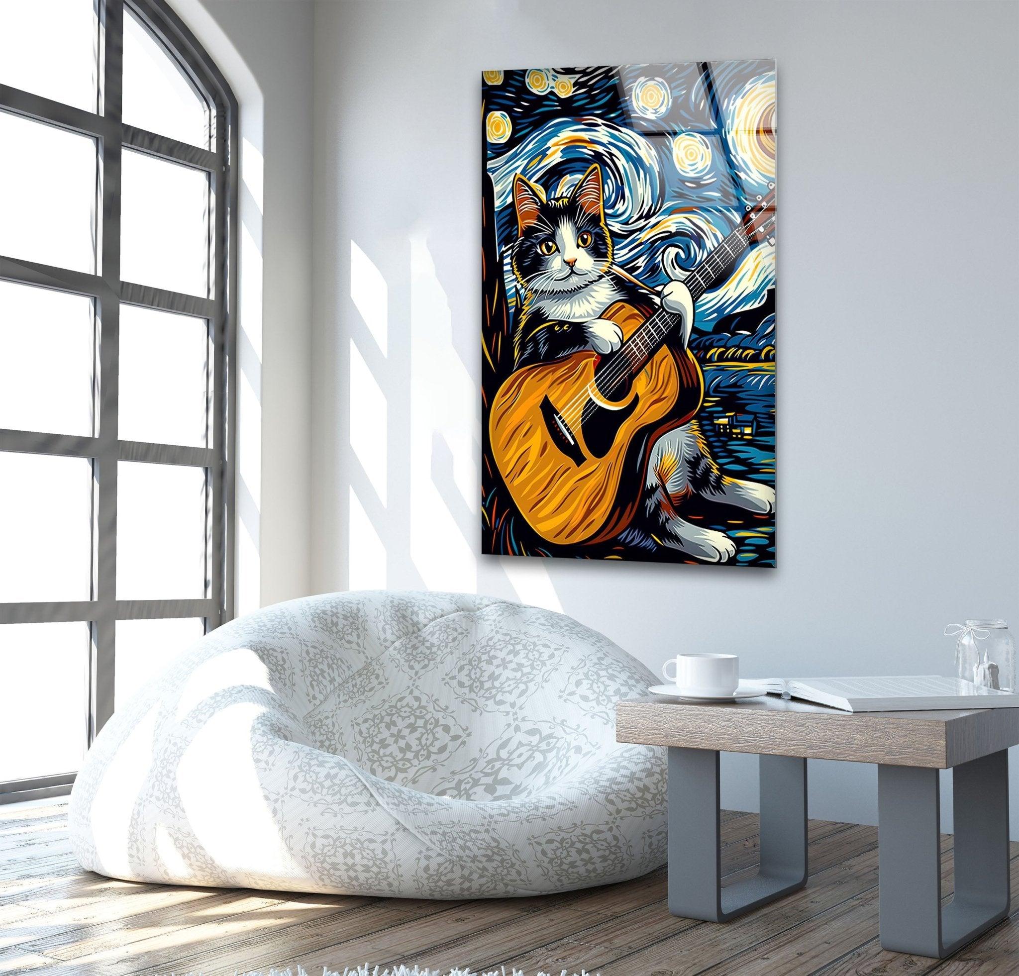 Adorable Cat Playing Guitar Glass Wall Art - Unique Home Decor for Living Room, Bedroom & Office - Perfect Gift for Cat Lovers