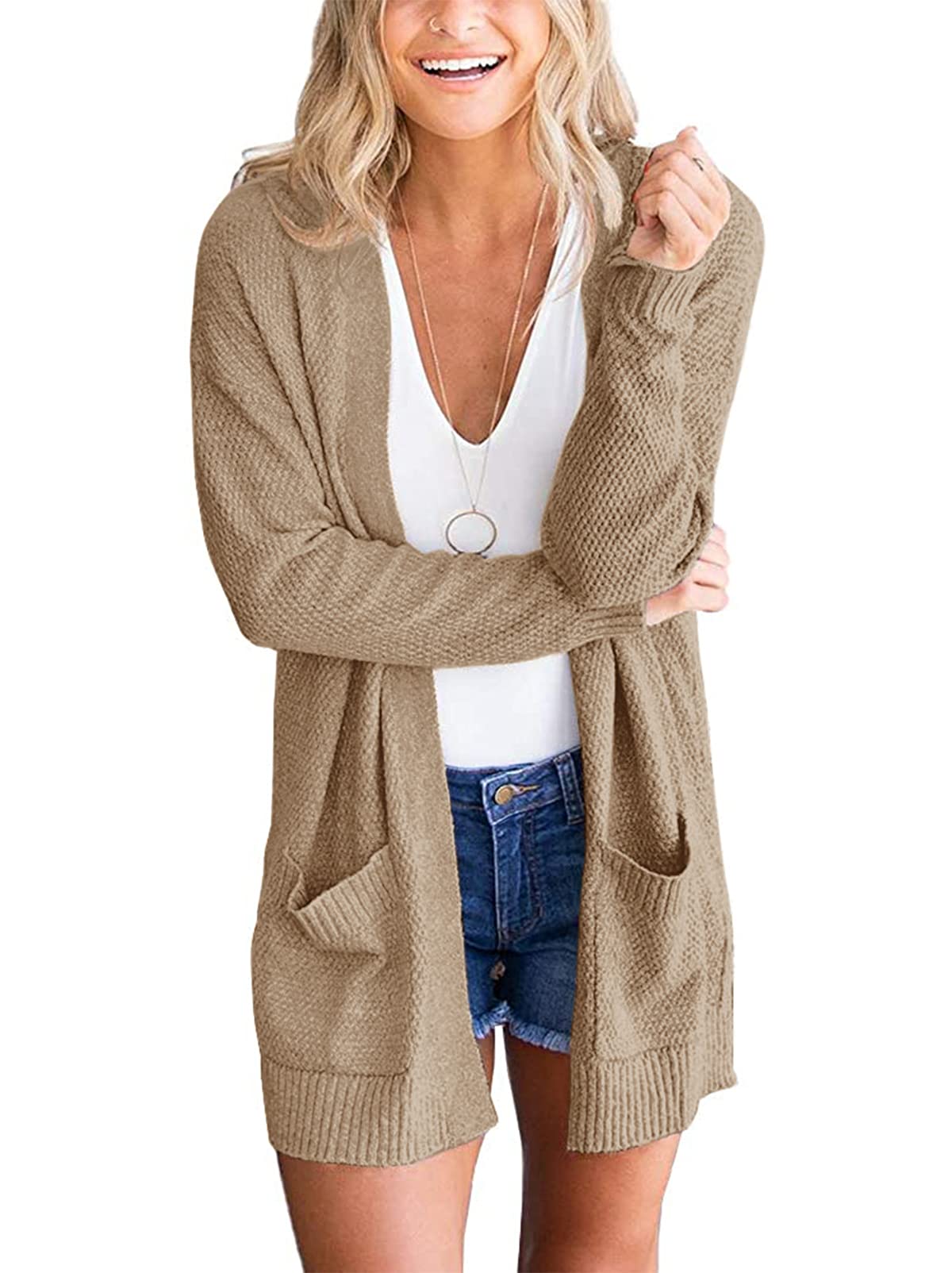 PIIRESO Women's Open Front Waffle Knit Cardigan Sweater - Long Sleeve Loose Fit Casual Outwear with Pockets | Perfect for Fall Layering, Office Wear & Cozy Home Outfits