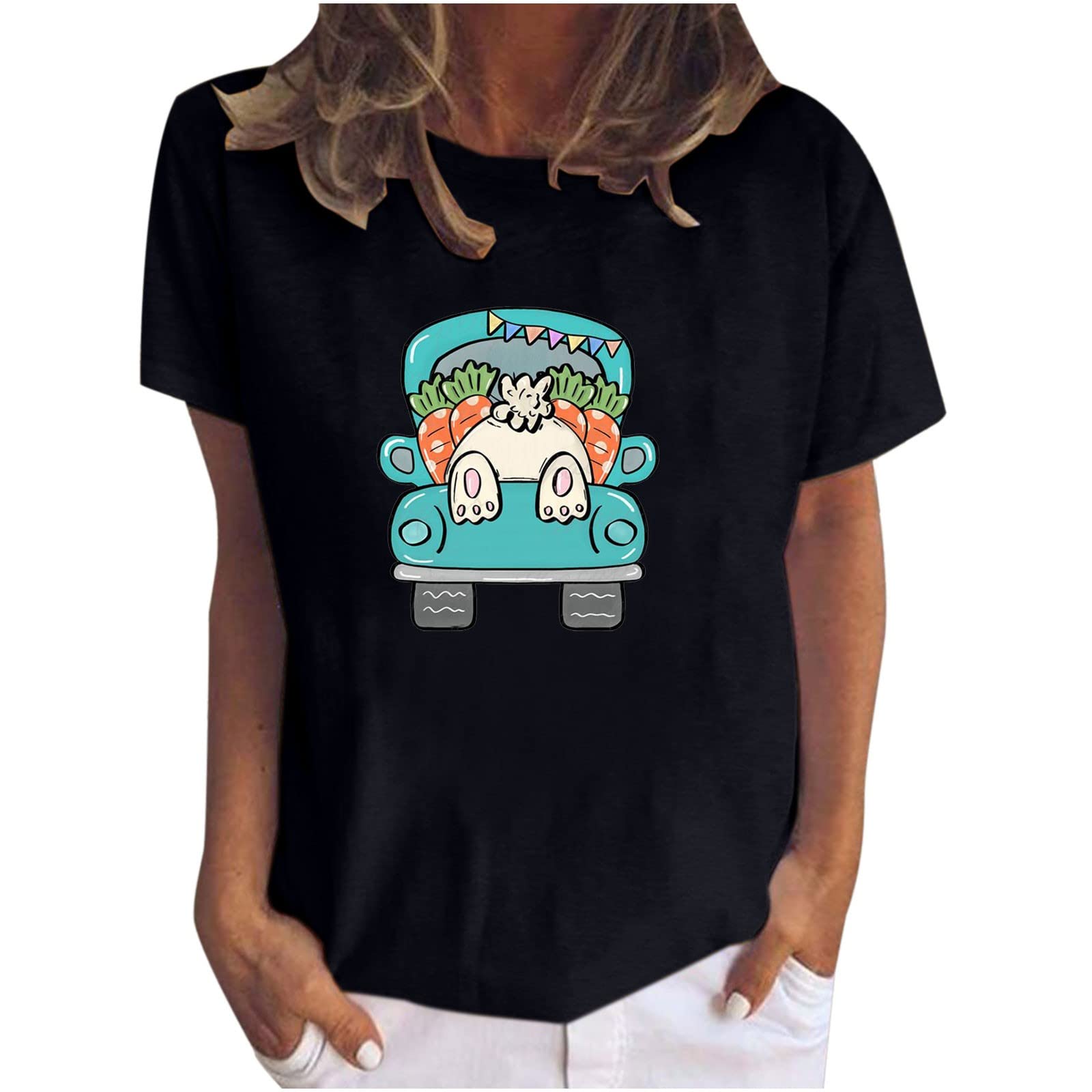 Easter Bunny Graphic T-Shirts for Women - Cute Short Sleeve Rabbit Print Tees, Loose Fit Casual Round Neck Summer Tops - Perfect for Easter Celebrations, Spring Outfits & Casual Wear