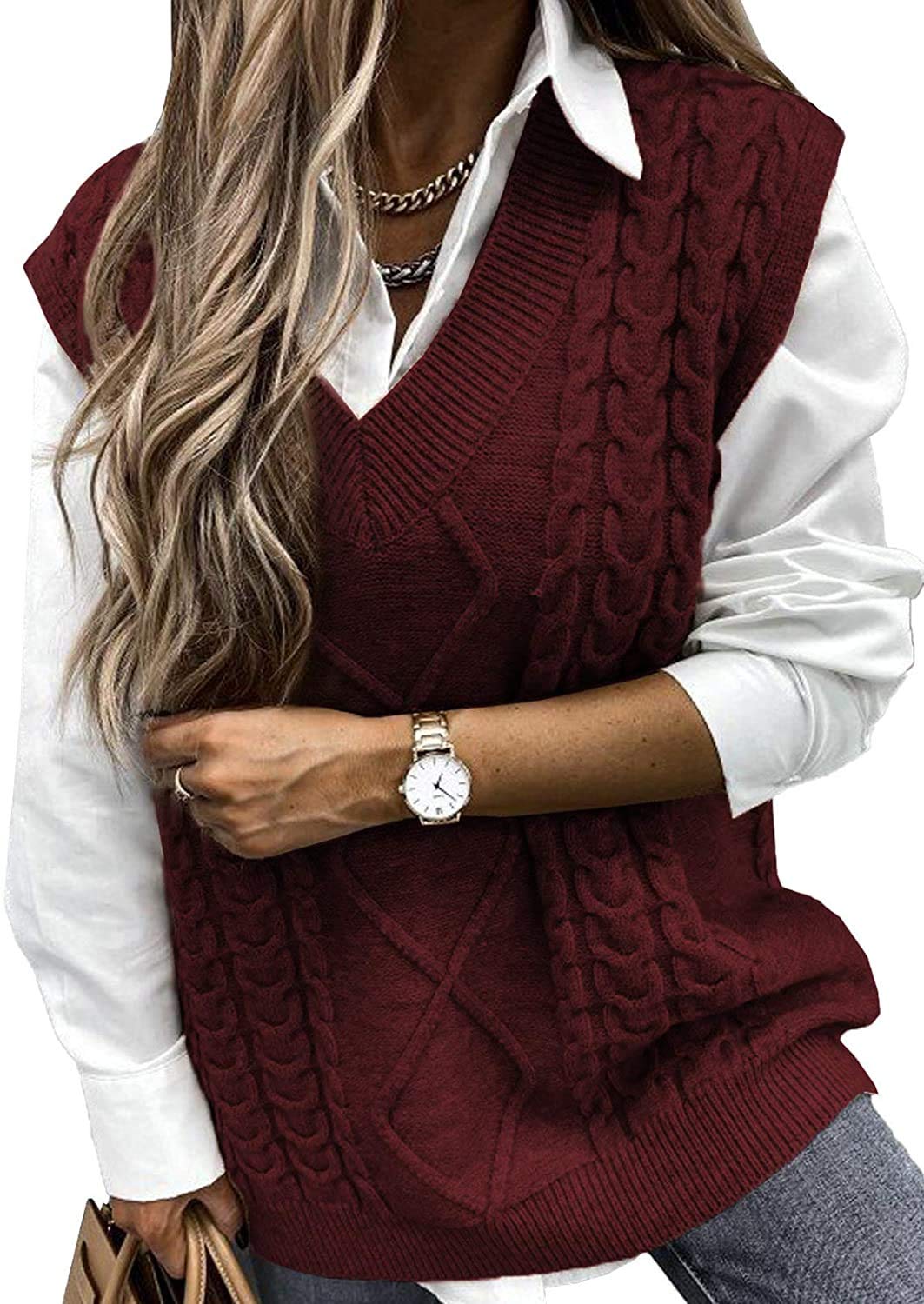 Yousify Women's Cable Knit Oversized Sweater Vest - V Neck Sleeveless Vintage Pullover Top for Casual Outfits & Layering | Cozy Fall Winter Fashion