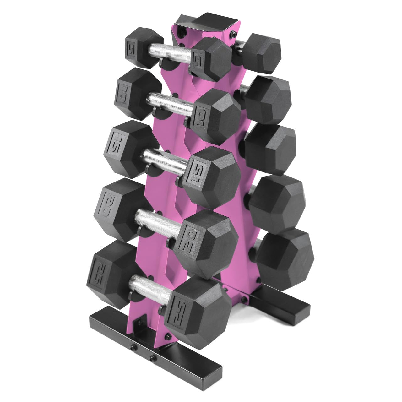 5-25Lb Rubber Coated Hex Dumbbell Set with Non-Slip Black Handle & A-Frame Storage Rack - Perfect for Home Gym, Strength Training, and Muscle Toning (Pink Rack Included)