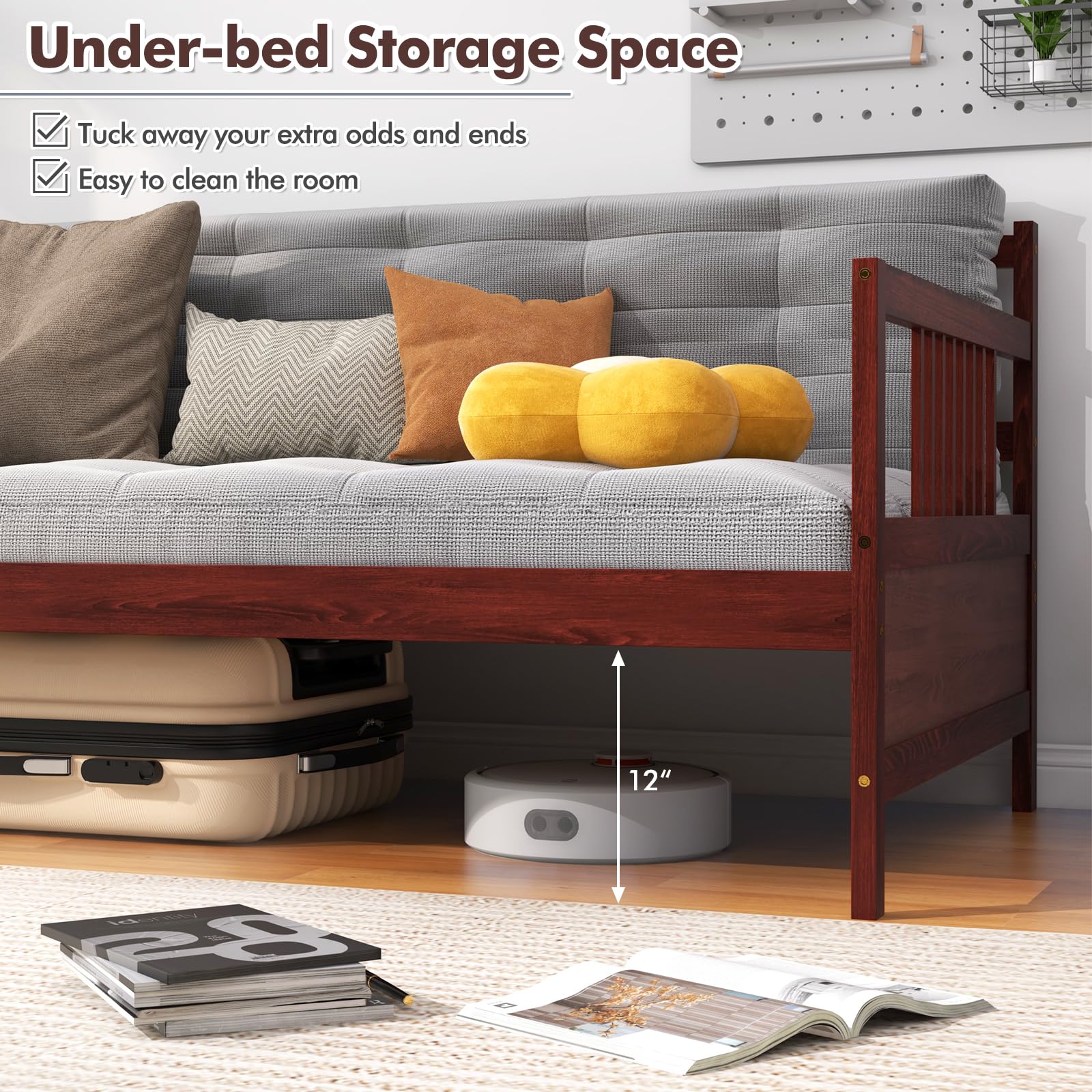 KOMFOTT Solid Wood Twin Daybed Frame with Wooden Slats Support - No Box Spring Needed - Sturdy Sofa Bed for Bedroom, Living Room & Guest Room - Perfect for Small Spaces & Multi-Purpose Use (Mattress Not Included)