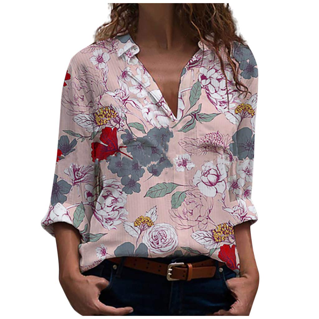 Dylanlla Women's Long Sleeve V-Neck Loose Fit Button Flower Tunic Top Blouse - Casual Comfort Wear for Work, Date Night & Everyday Outfits