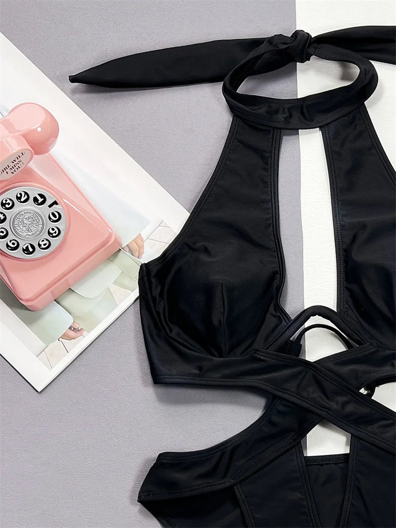 Sexy Black Halter One Piece Swimsuit for Women - Backless Hollow Out Monokini with Cross Bandage Design | 2024 Trendy Swimwear for Beach, Pool Party & Summer Vacation
