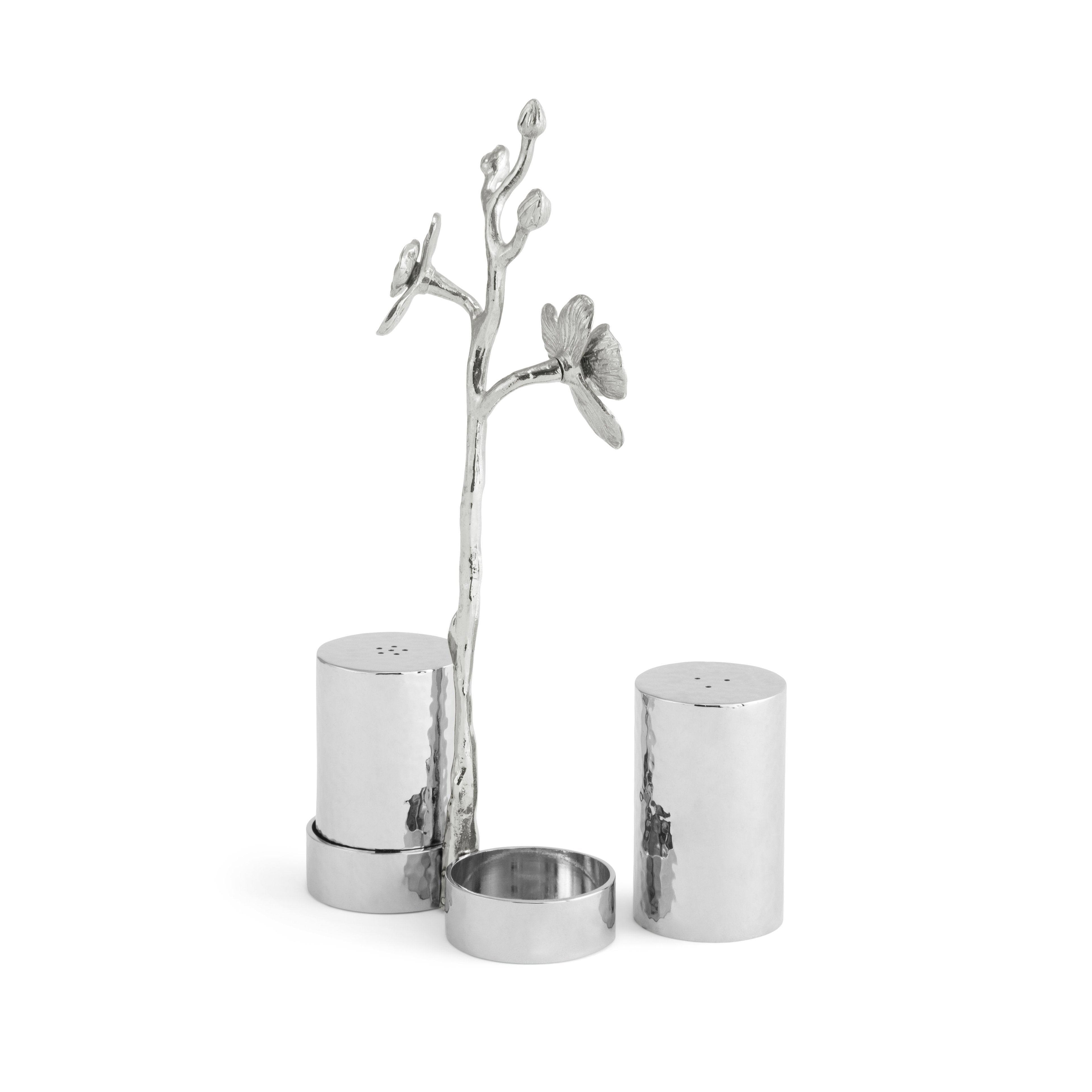 Elegant White Orchid Salt and Pepper Shaker Set - Premium Silver Stainless Steel - Perfect for Dining Table, Kitchen, and Gift Giving