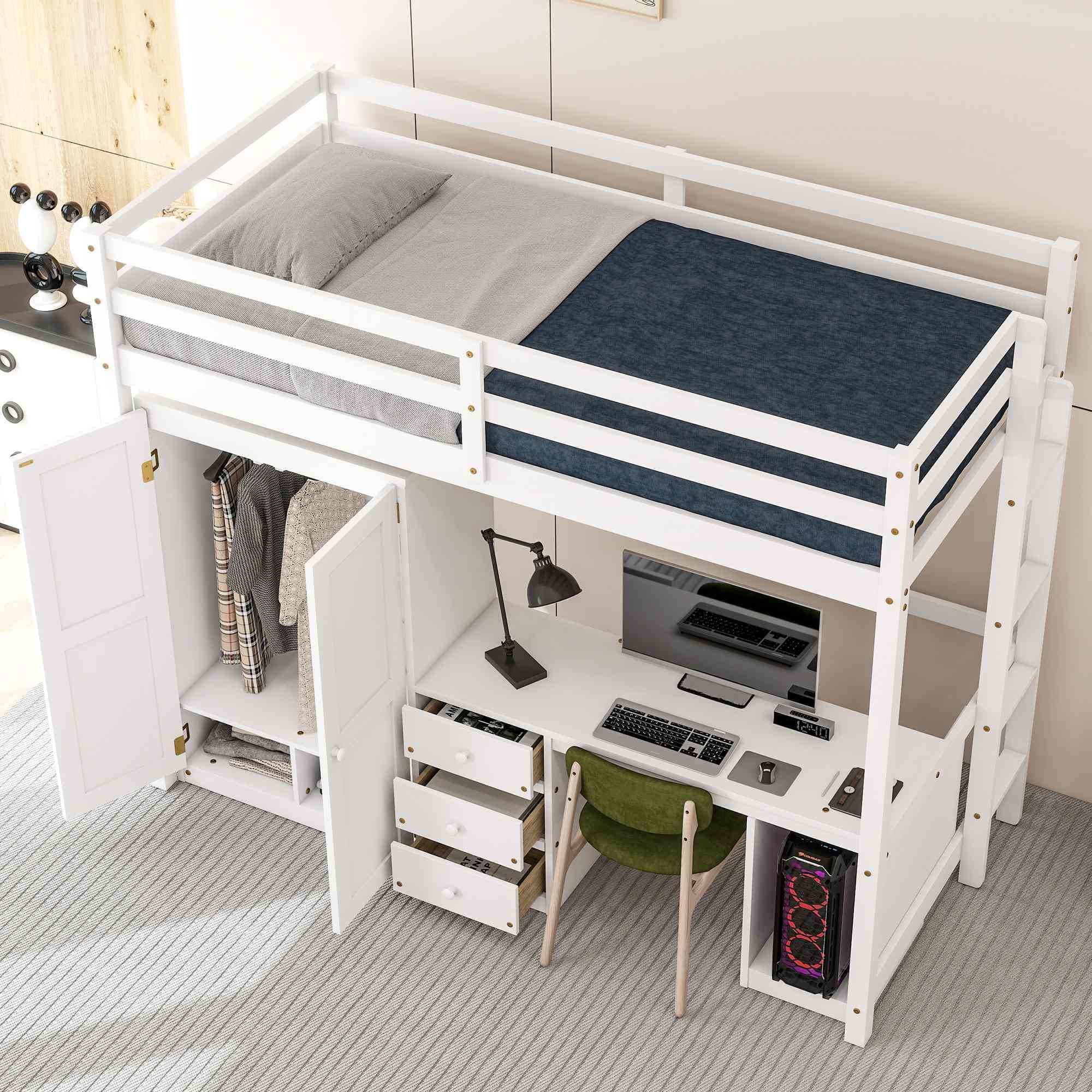 ATY Twin Size Loft Bed with Wardrobe & 3 Drawers - Solid Wood Bed Frame with Built-in Desk & Computer Space - Multifunctional Kids Bedroom & Dorm Furniture - No Box Spring Needed - White - Perfect for Small Spaces, Teen Rooms & College Dorm Organization