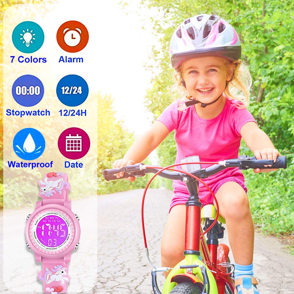 Venhoo Kids Digital Watch - 3D Cartoon Waterproof Watch with 7 Color LED Lights, Alarm & Stopwatch for Girls Ages 3-10 | Perfect for School, Playtime & Outdoor Activities
