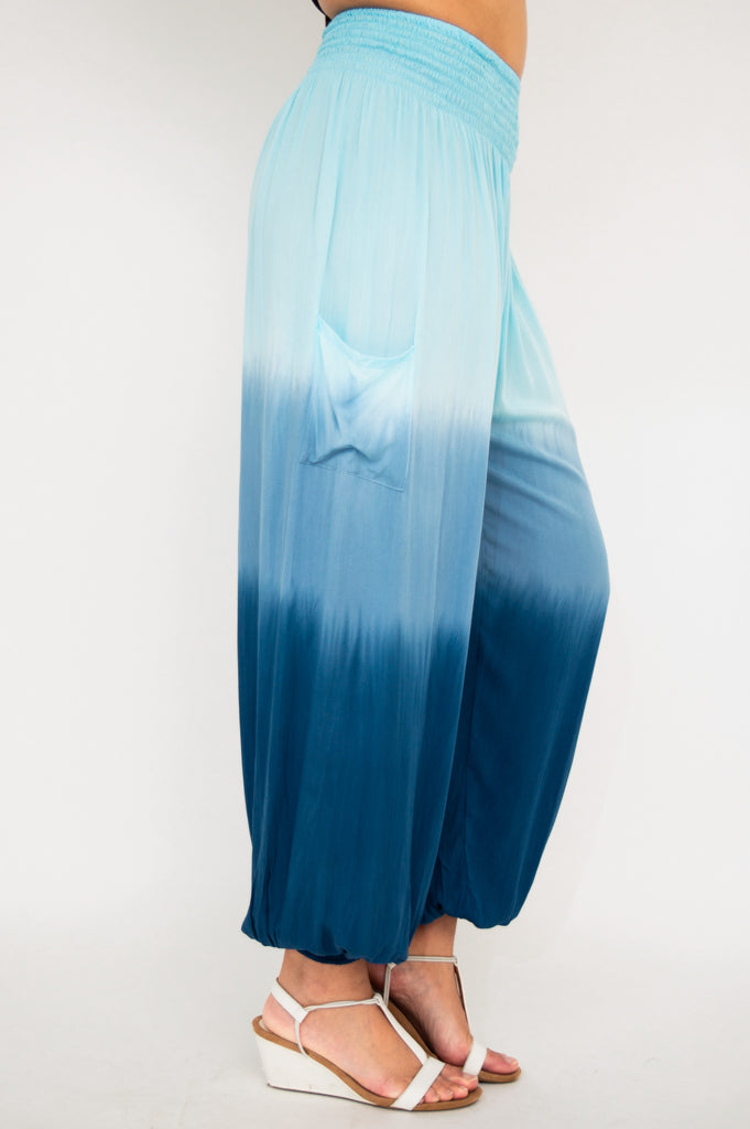 Embra Pants - Turquoise Dip Dye Women's Casual Joggers | Soft Comfortable Lounge Pants for Yoga, Travel & Home Wear