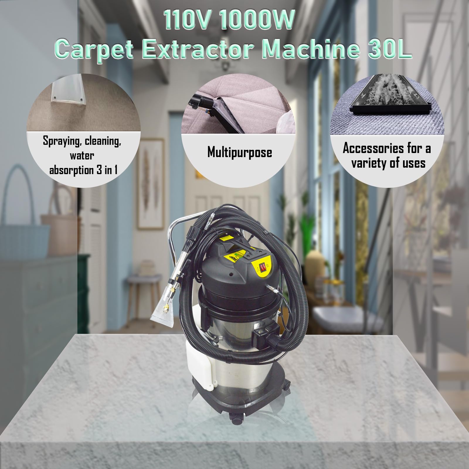 30L Wet & Dry Vacuum Cleaner - 3-in-1 Commercial Carpet & Floor Cleaner with 1000W Powerful Suction, 110V - Ideal for Home, Office, and Car Detailing