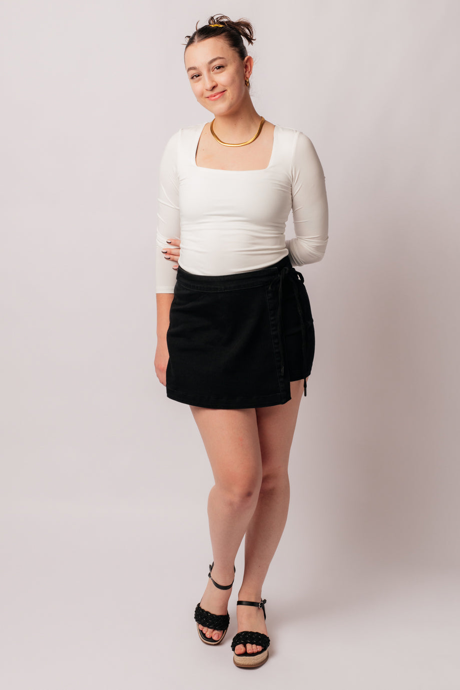Bentli High Rise Side Tie Denim Skort - Black Stretchy Denim Skirt Shorts for Women | Casual Outfits, Summer Fashion & Street Style