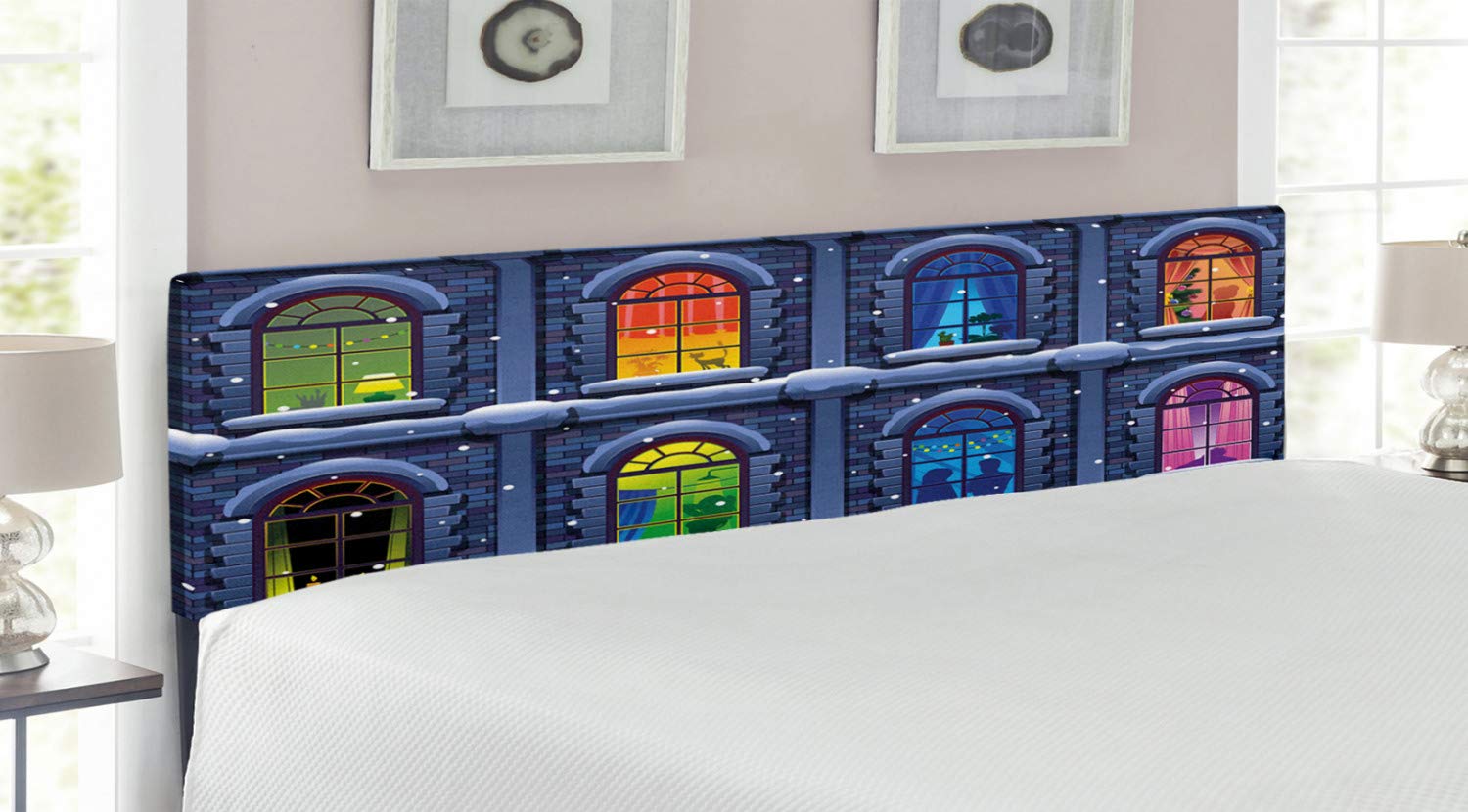 Ambesonne Urban King Size Headboard - Colorful Windows in Snowy Winter Night Illustration, Upholstered Decorative Metal Bed Frame with Memory Foam, Multicolor | Perfect for Modern Bedroom Decor & Cozy Winter Theme