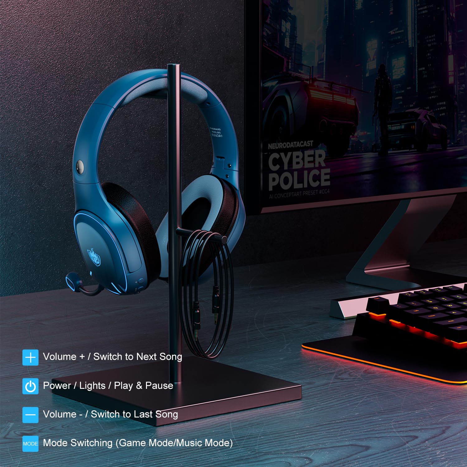 PHOINIKAS 2.4GHz Wireless Gaming Headset for PS5, PS4, PC - Bluetooth 5.3 Headphones with Noise Cancelling Mic, 7.1 Surround Sound, 30+ Hour Battery Life - Compatible with Nintendo Switch, Laptop, Mac (Blue) | Perfect for Competitive Gaming, Streaming & Online Meetings