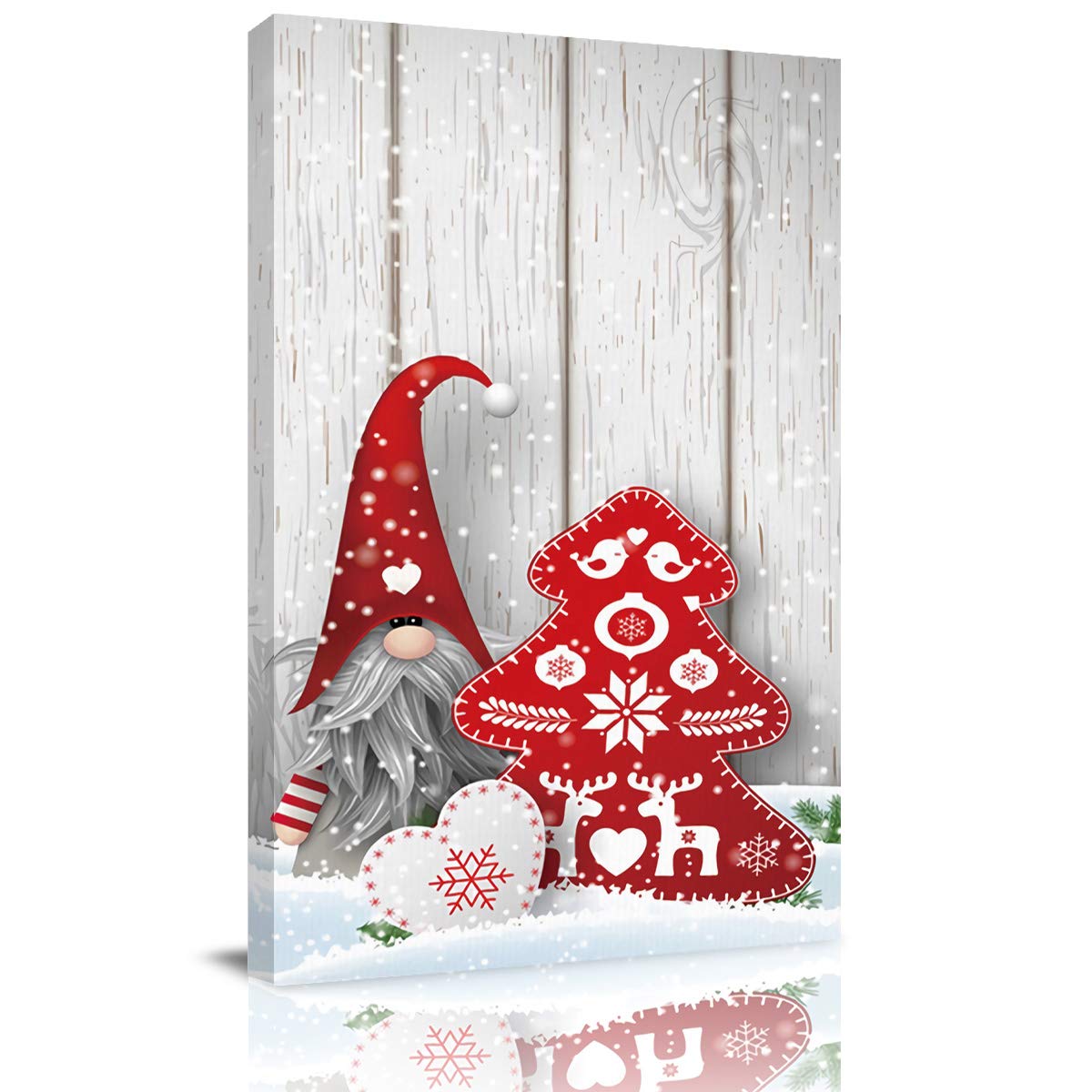 Snow Heart Gnome Red Christmas Tree Canvas Wall Art - Wood Grain Framed Abstract Painting Print - Ready to Hang (24x36 Inches) - Perfect for Bedroom, Bathroom & Kitchen Decor - Ideal Holiday Gift & Seasonal Home Decoration