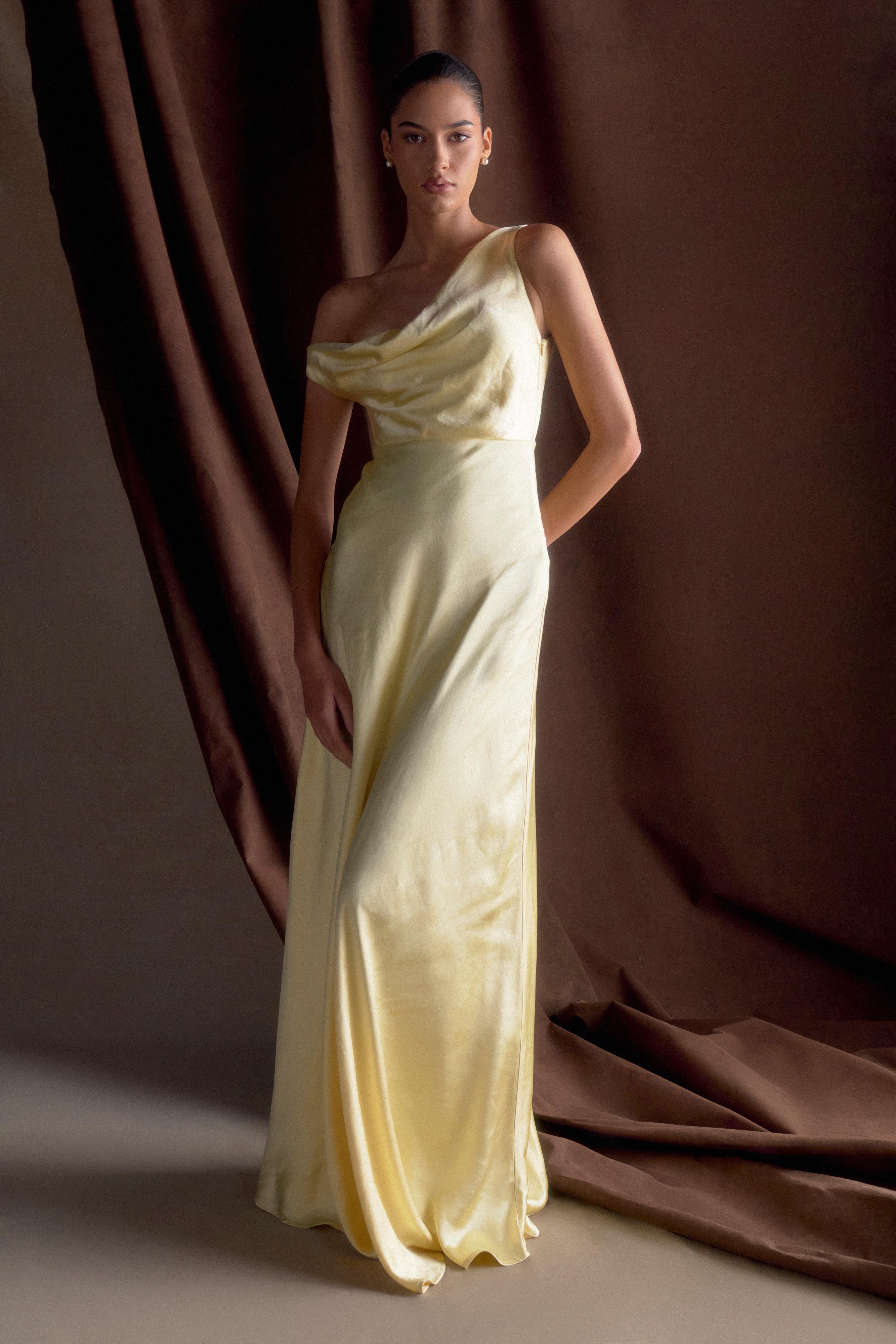 Jacinta One Shoulder Maxi Dress - Pastel Lemon Yellow Flowy Long Dress for Women, Perfect for Beach Vacations, Summer Parties & Boho Weddings