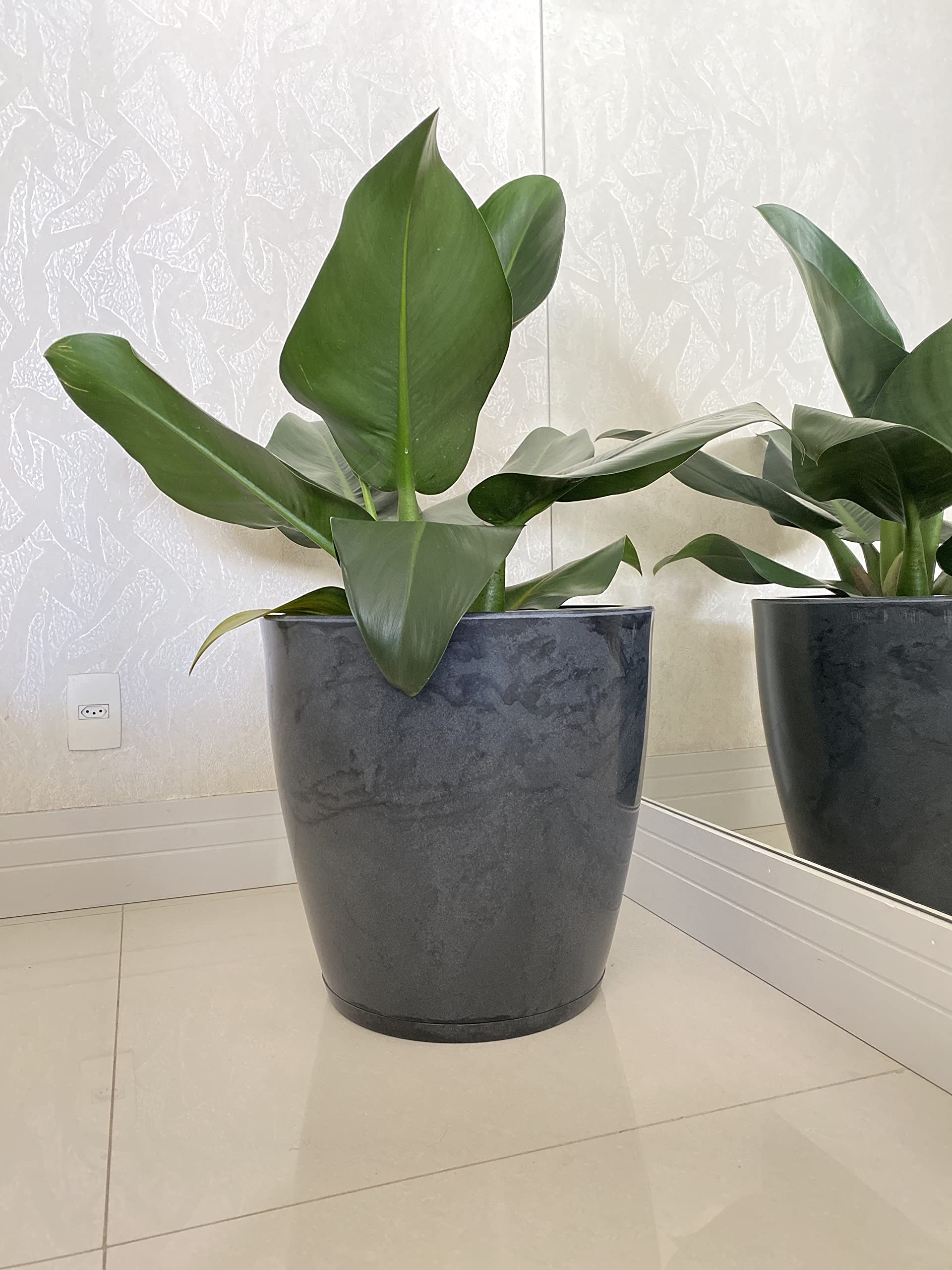 Black Marble Resin Planter with Drainage Hole & Saucer - Large 18.11x17.72in (13.17 gal) Indoor/Outdoor Flower Pot for Home, Garden, Patio & Office Decor | Amsterdan Floridis Design