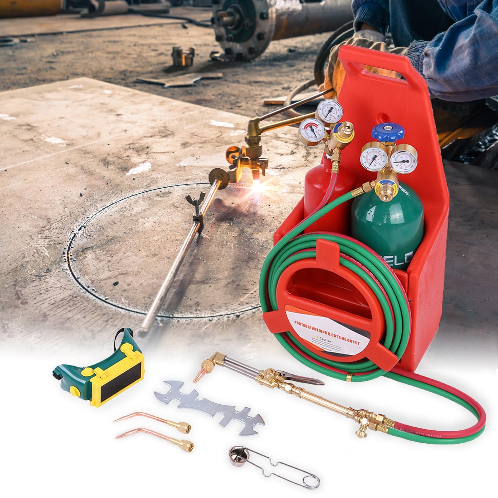 Portable Oxygen Acetylene Welding & Cutting Torch Kit with Brass Nozzle & Pressure Gauge - Professional Gas Cylinder Welding Tools for Metal Fabrication, Pipe Repair & DIY Projects