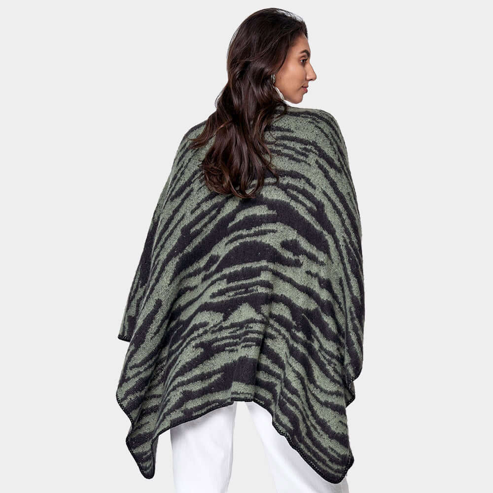 Stylish Olive Green Zebra Print Ruana Poncho Shawl Wrap - Perfect for Fall Fashion, Outdoor Adventures & Cozy Evenings