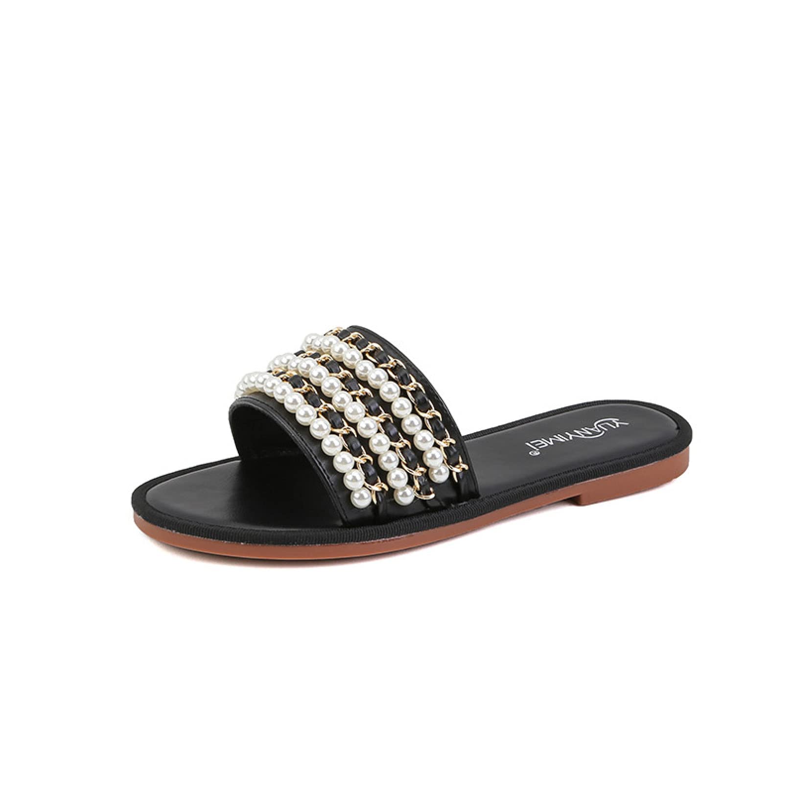 Women's Comfortable Pearl Beaded Flat Slide Sandals - Open Toe Single Band Summer Slippers for Beach, Vacation and Casual Wear