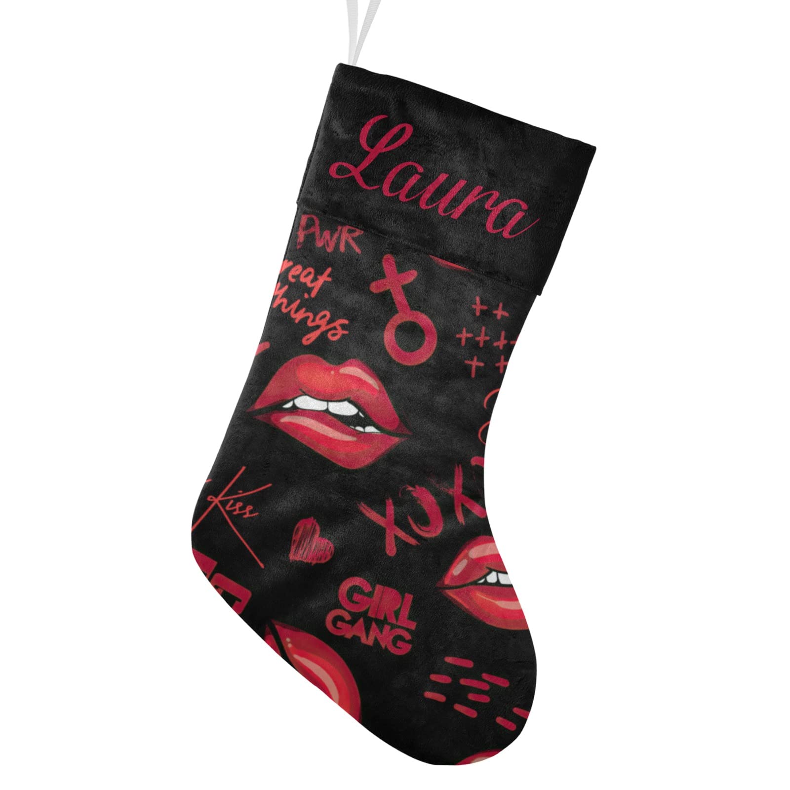 Personalized Christmas Stockings with Kiss Lips & Hearts Design - Custom Name Holiday Socks for Family Party Decor (17.52 x 7.87 Inch) - Perfect for Fireplace Mantel, Gift Exchange & Festive Home Decor