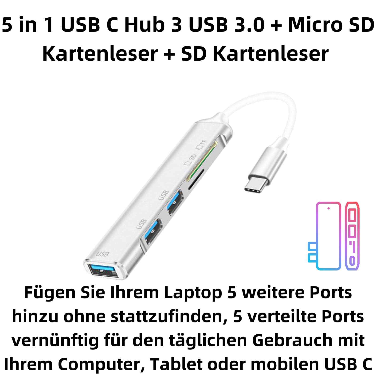 Bolwins H71S 5-in-1 USB C Hub Adapter with 3 USB 3.0 Ports, Micro SD/TF Card Reader - Compatible with MacBook Pro/Air M1, iPad Pro/Air, Galaxy Tab, Surface & Chromebook - Perfect for Work, Travel & Home Office Connectivity