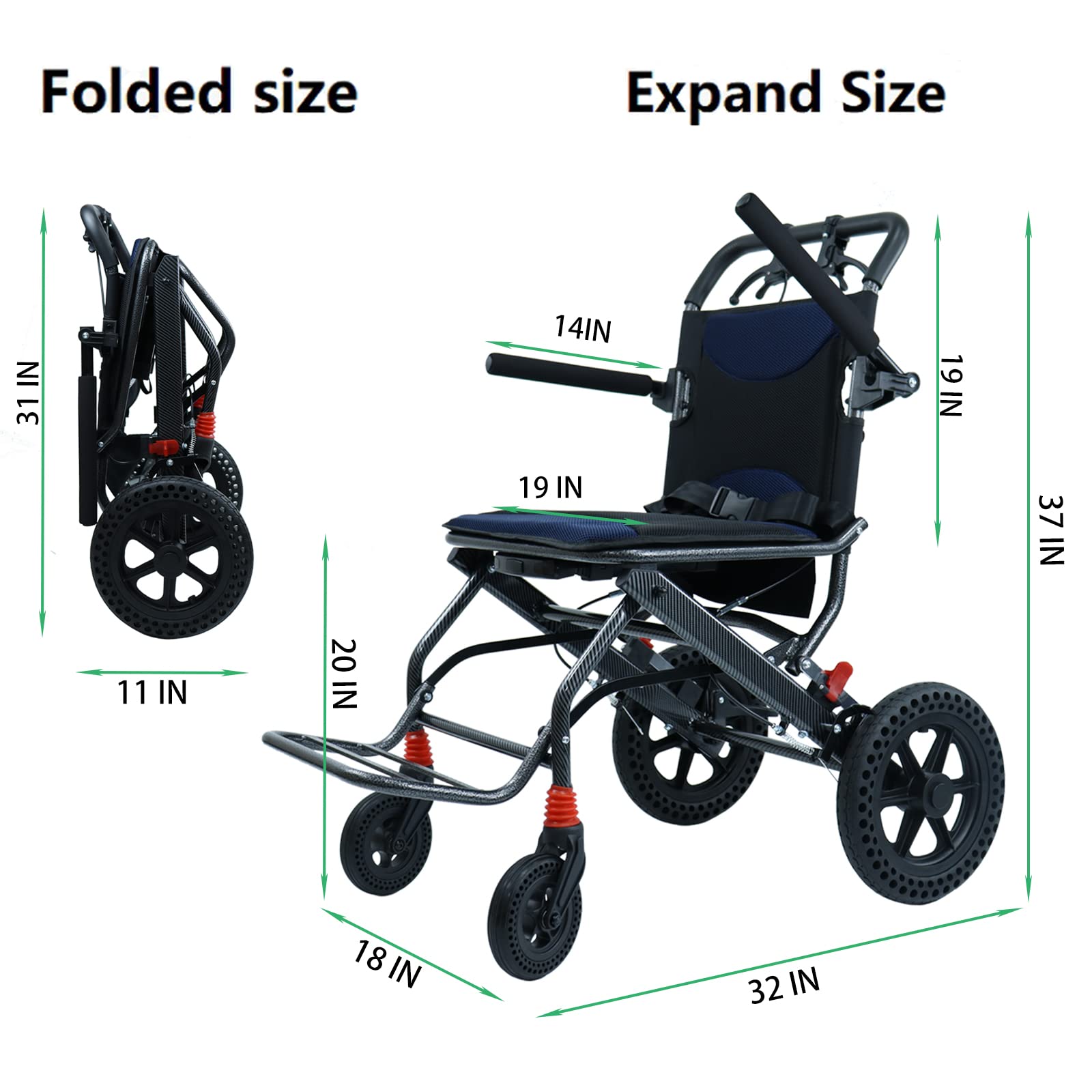Ultra Lightweight 18 Inch Portable Wheelchair for Adults & Kids - Foldable Travel Wheelchair with Hand Brake for Seniors, Airplane Use & Daily Mobility
