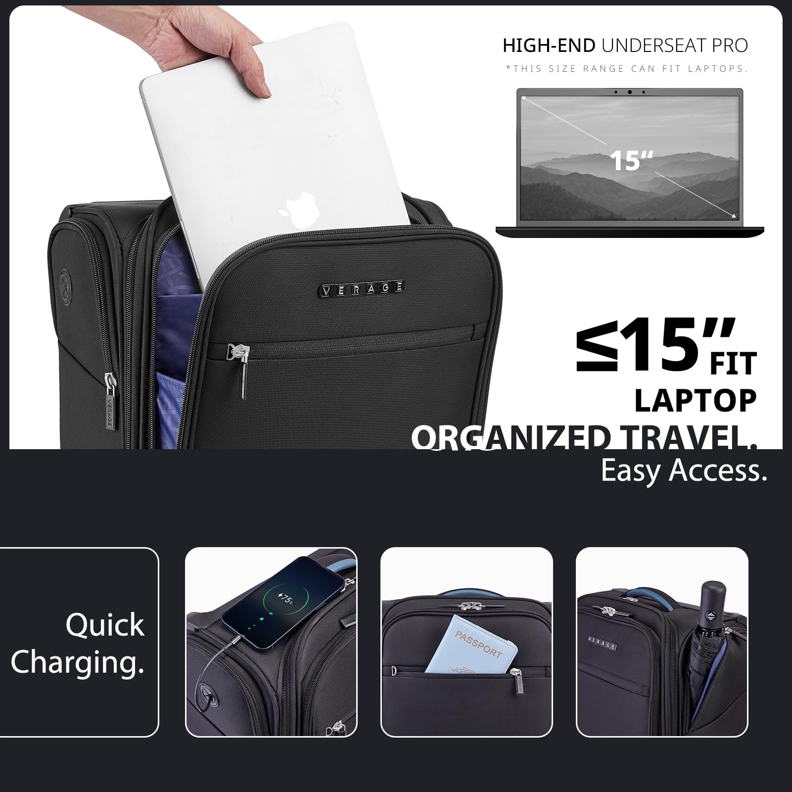 Vercase 15 Inch Underseat Spinner Carry On Luggage with Wheels - Black Travel Bag for Airplanes, Perfect Personal Item for Men & Women | Ideal for Business Trips & Weekend Getaways