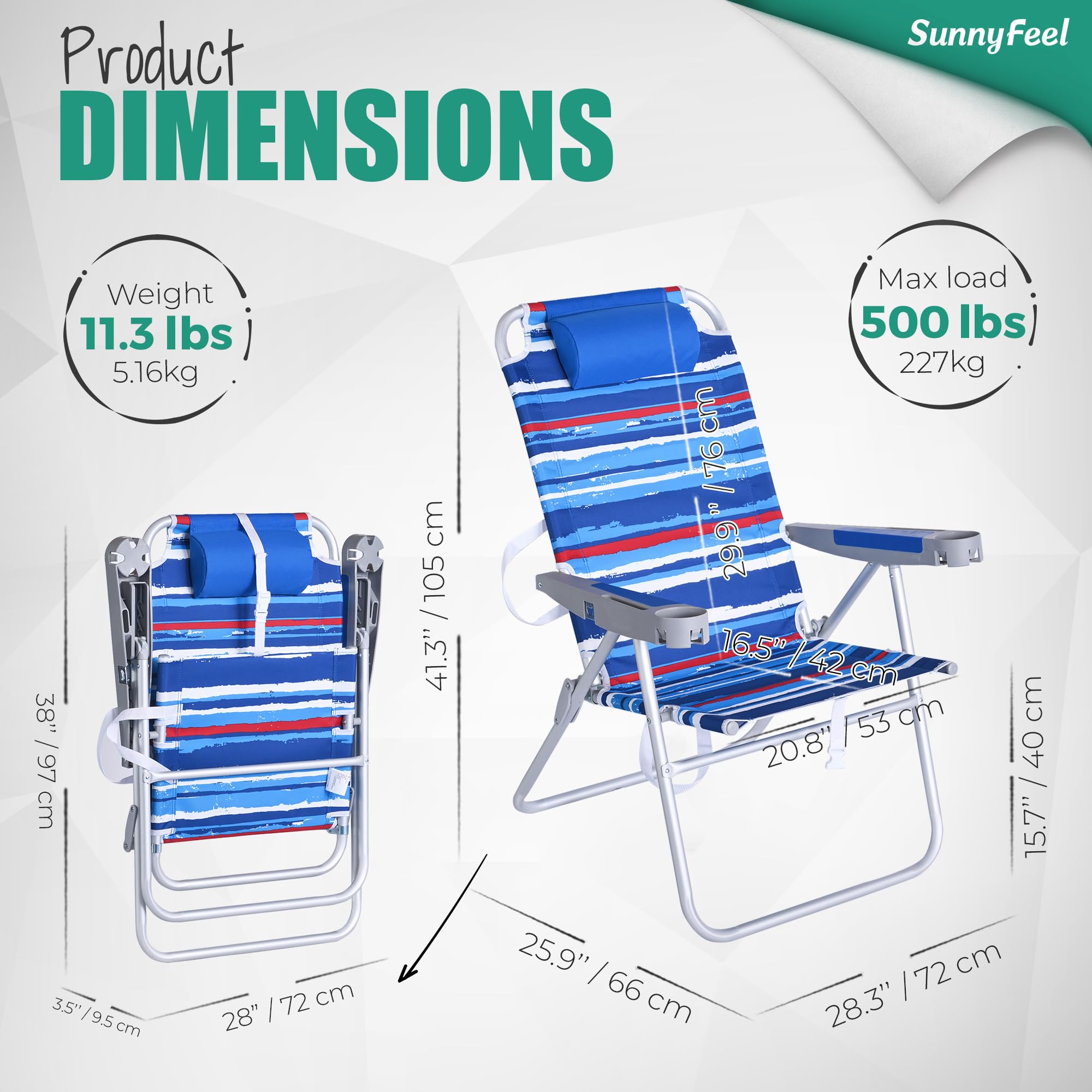 SUNNYFEEL Heavy Duty 500LB Tall Folding Beach Chair - Lightweight Portable Sand Chair for Adults with Cup Holders - Foldable High Back Camping Lawn Chair for Camping, Outdoor, Picnic, Concert, Sports, Beach, Backyard, Poolside Relaxation