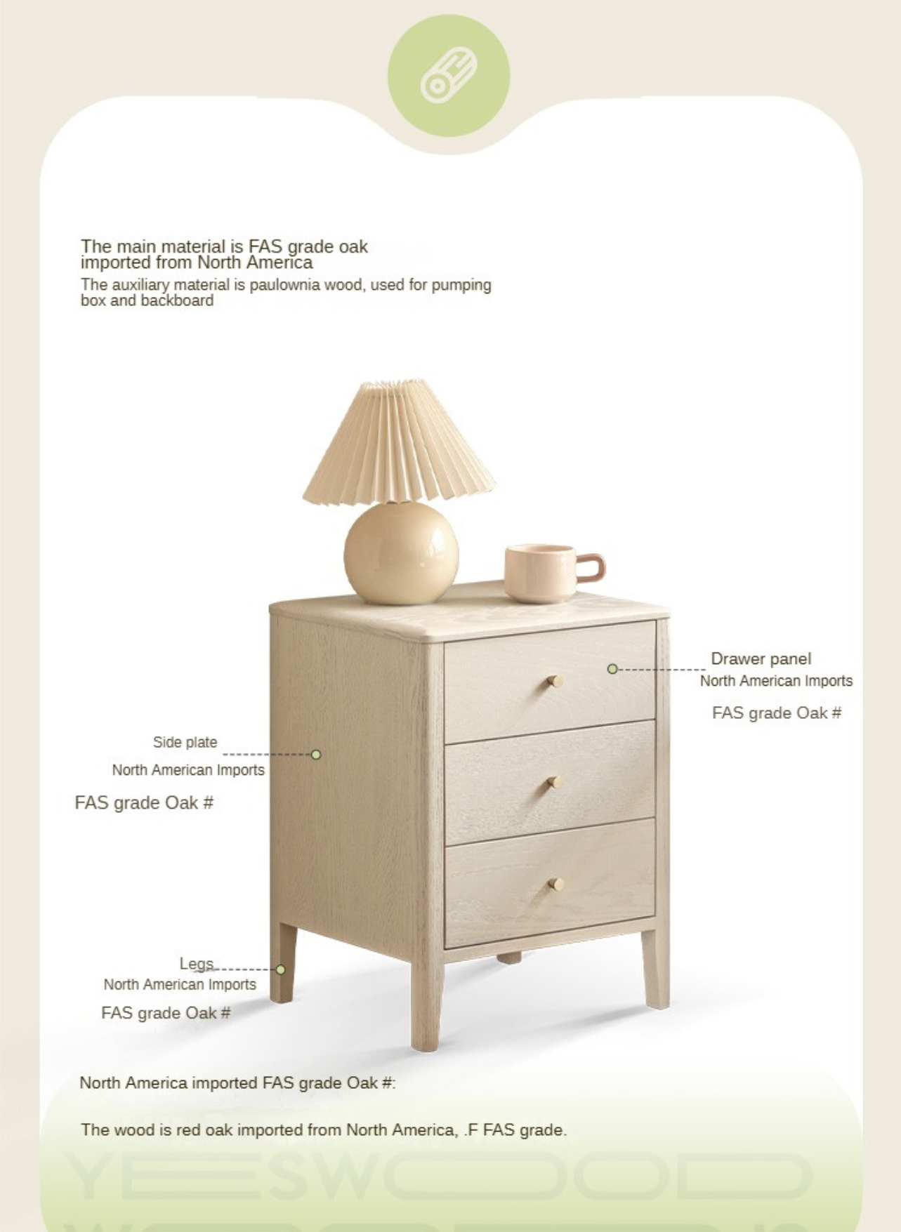 Solid Oak Wood Nightstand - Cream Finish, Modern Bedside Table for Bedroom, Living Room, or Nursery Furniture