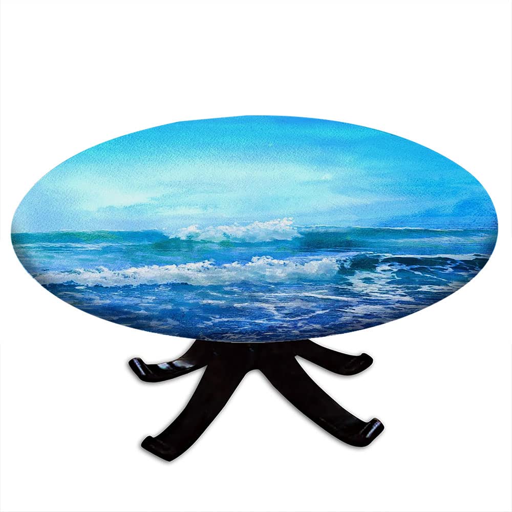 Ocean Themed Round Tablecloth - Waterproof & Wipeable Elastic Edge for 24 Inch Tables | Perfect for Weddings, Banquets, Restaurants & Parties | Beach Decor, Nautical Dining & Outdoor Events