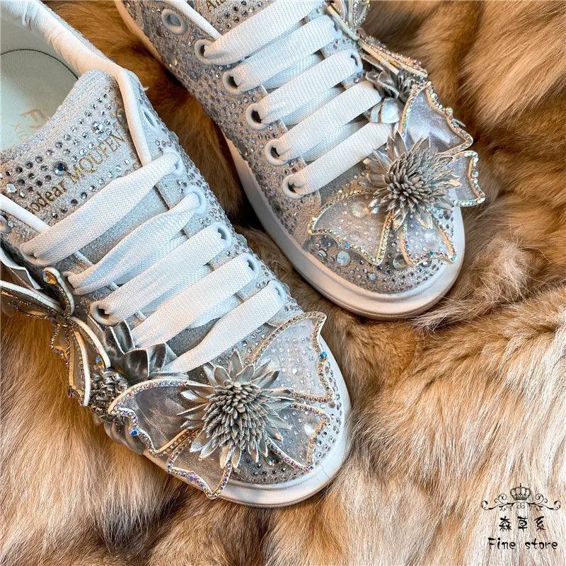 Women's Silver Butterfly Bow Crystal Sneakers - Stylish Platform Shoes with Diamond & Floral Accents | Comfortable Fashion Footwear for Parties, Weddings & Everyday Wear