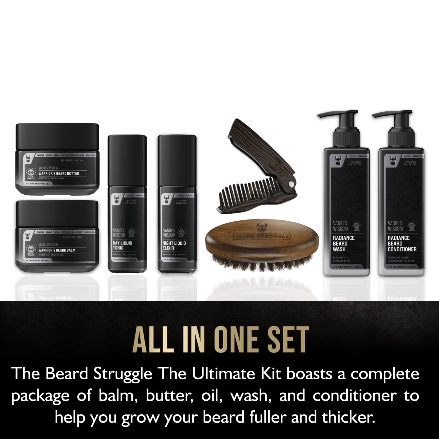 The Beard Struggle Ultimate Beard Growth Kit for Men - Beard Balm, Butter, Brush, Comb, Oil, Wash & Conditioner - Moisturizing & Softening Beard Care Set - Hoenir's Poem Gold Collection - Perfect for Daily Grooming & Styling